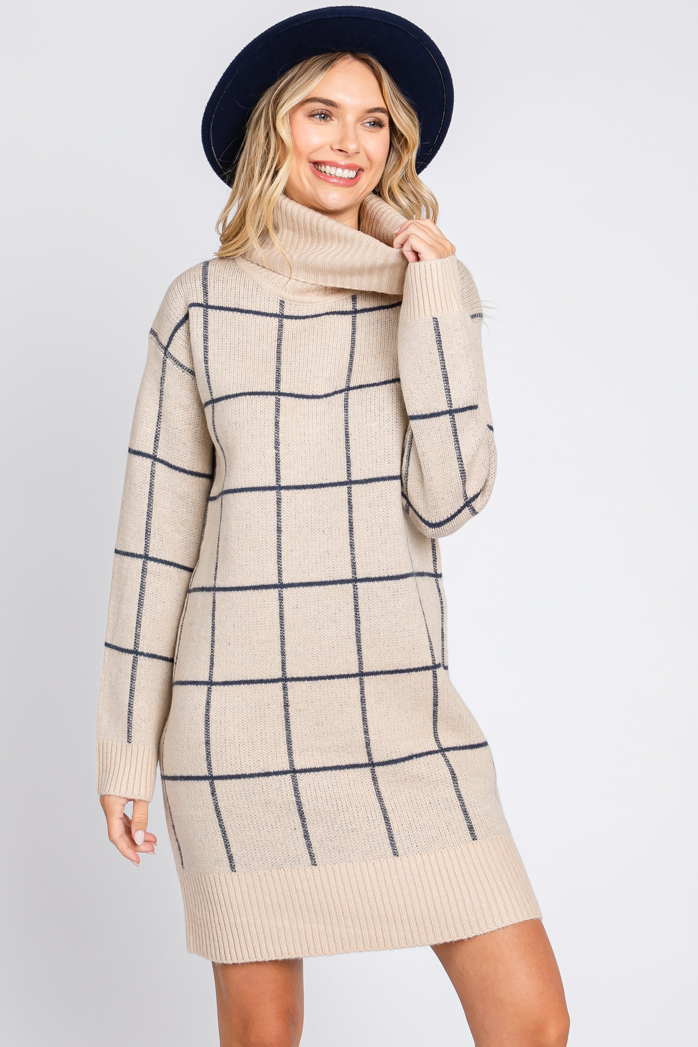 Taupe Windowpane Turtleneck Sweater Dress sold by Pinkblush product image thumbnail 2