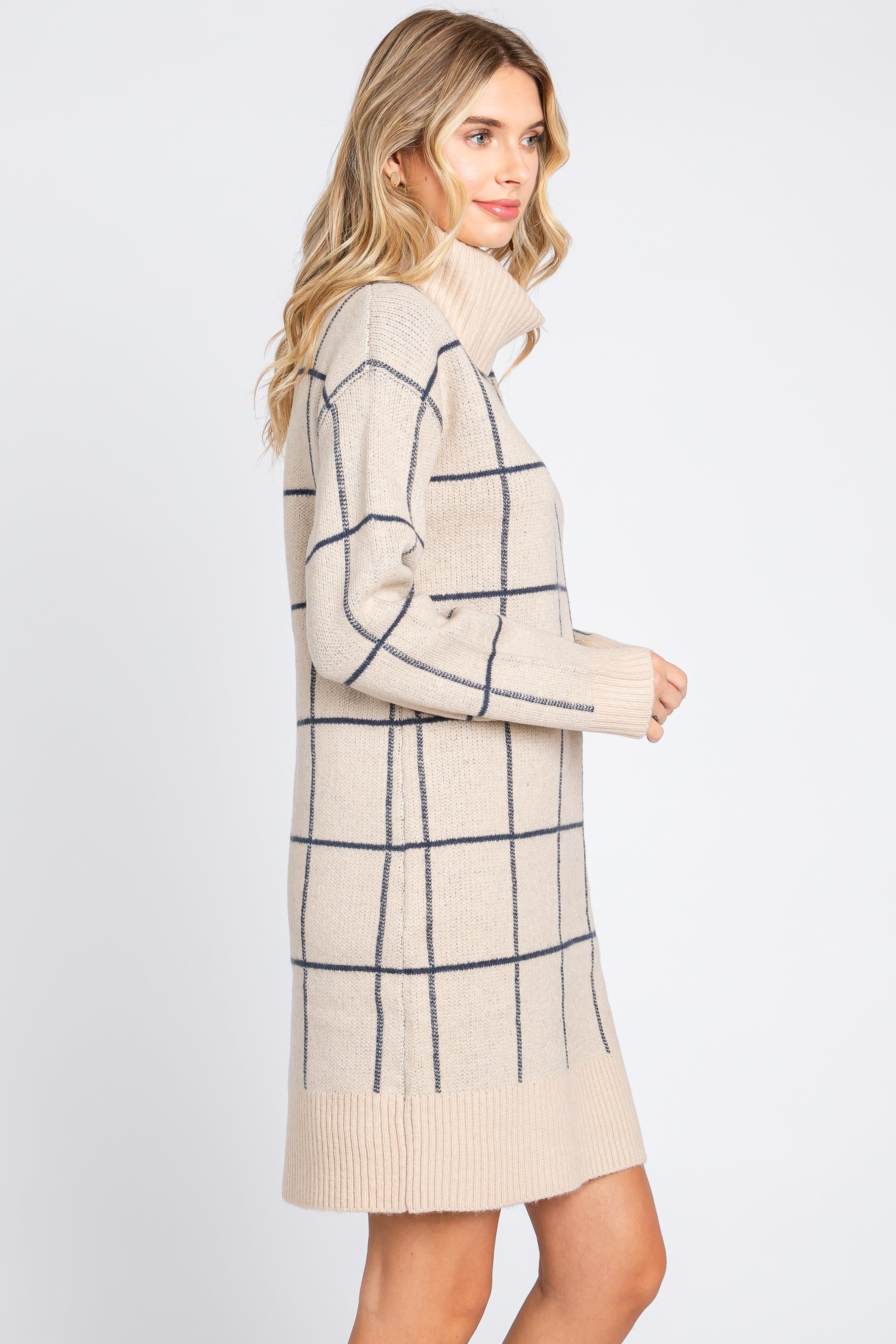 Taupe Windowpane Turtleneck Sweater Dress sold by Pinkblush product image thumbnail 3