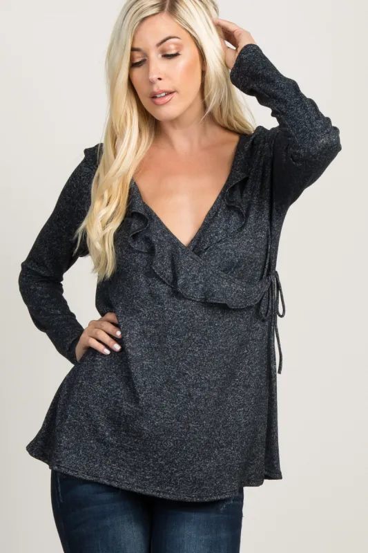 PinkBlush Black Heather Ruffle Trim Wrap Nursing Top sold by Pinkblush