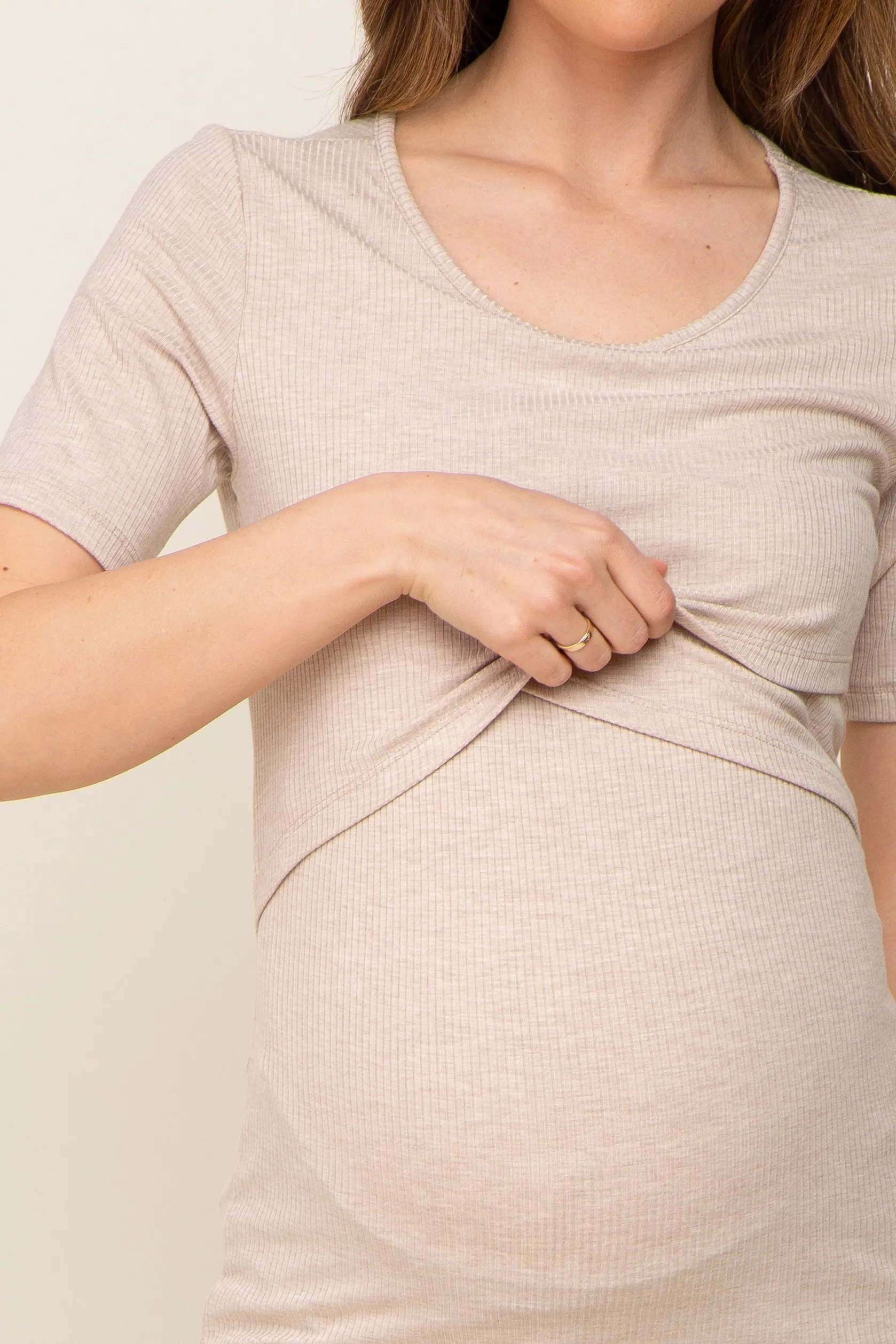Beige Ribbed Wrap Front Maternity/Nursing Top sold by Pinkblush product image thumbnail 4