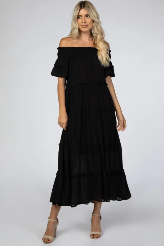 Black Off Shoulder Tiered Maxi Dress sold by Pinkblush