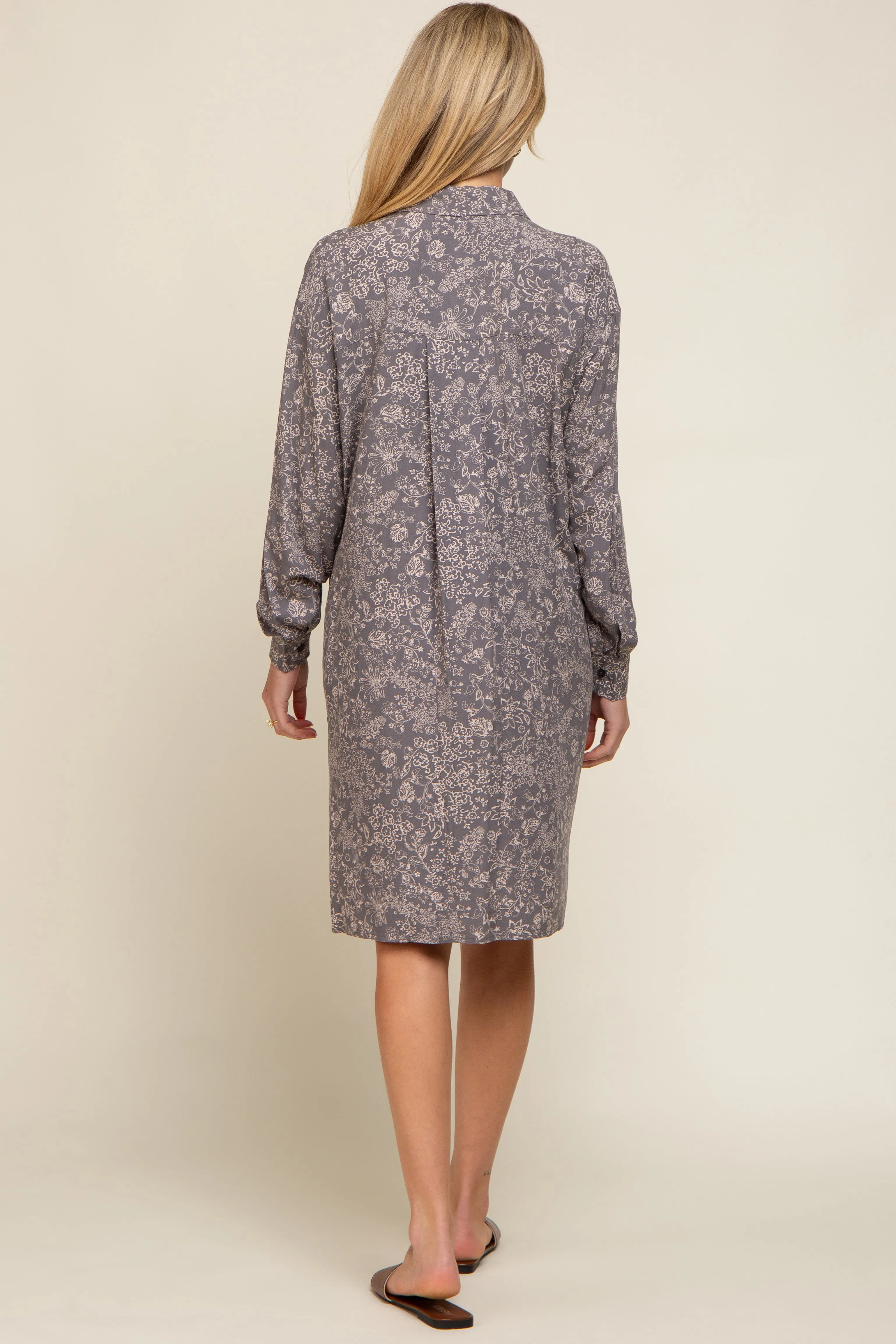Grey Floral Button Up Long Sleeve Maternity Dress sold by Pinkblush product image thumbnail 3
