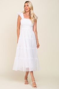 Ivory Smocked Mesh Ruffle Accent Midi Dress sold by Pinkblush