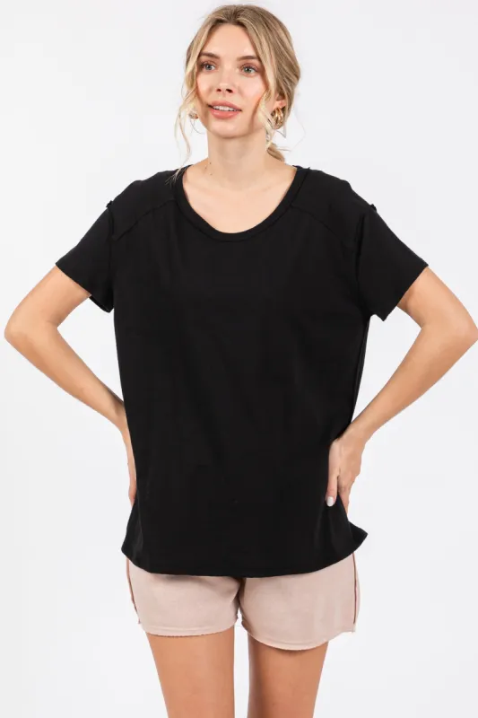 Black Raw Hem Short Sleeve Top sold by Pinkblush