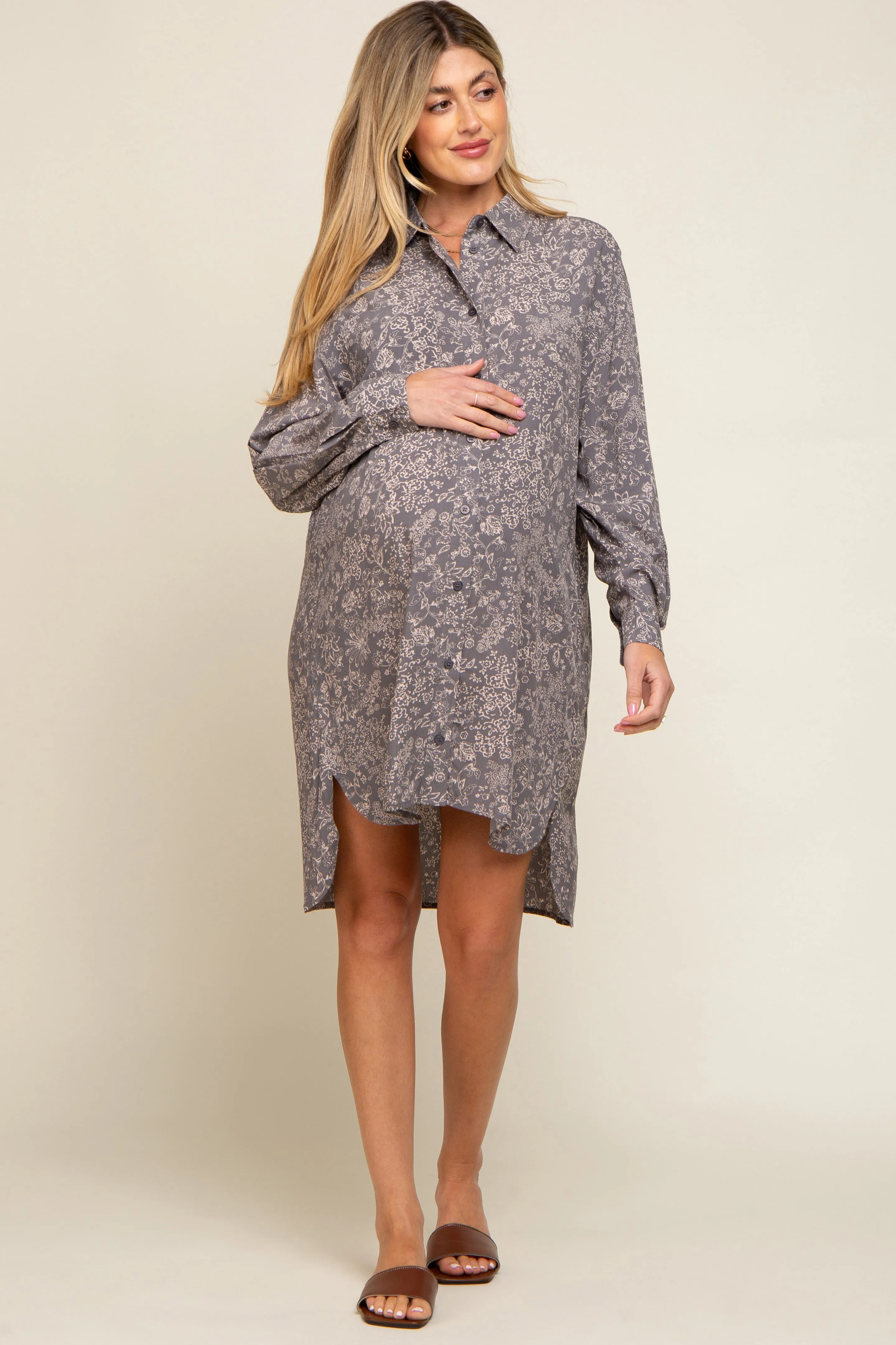 Grey Floral Button Up Long Sleeve Maternity Dress sold by Pinkblush