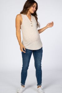 Beige Ribbed Button Accent Sleeveless Maternity Top sold by Pinkblush