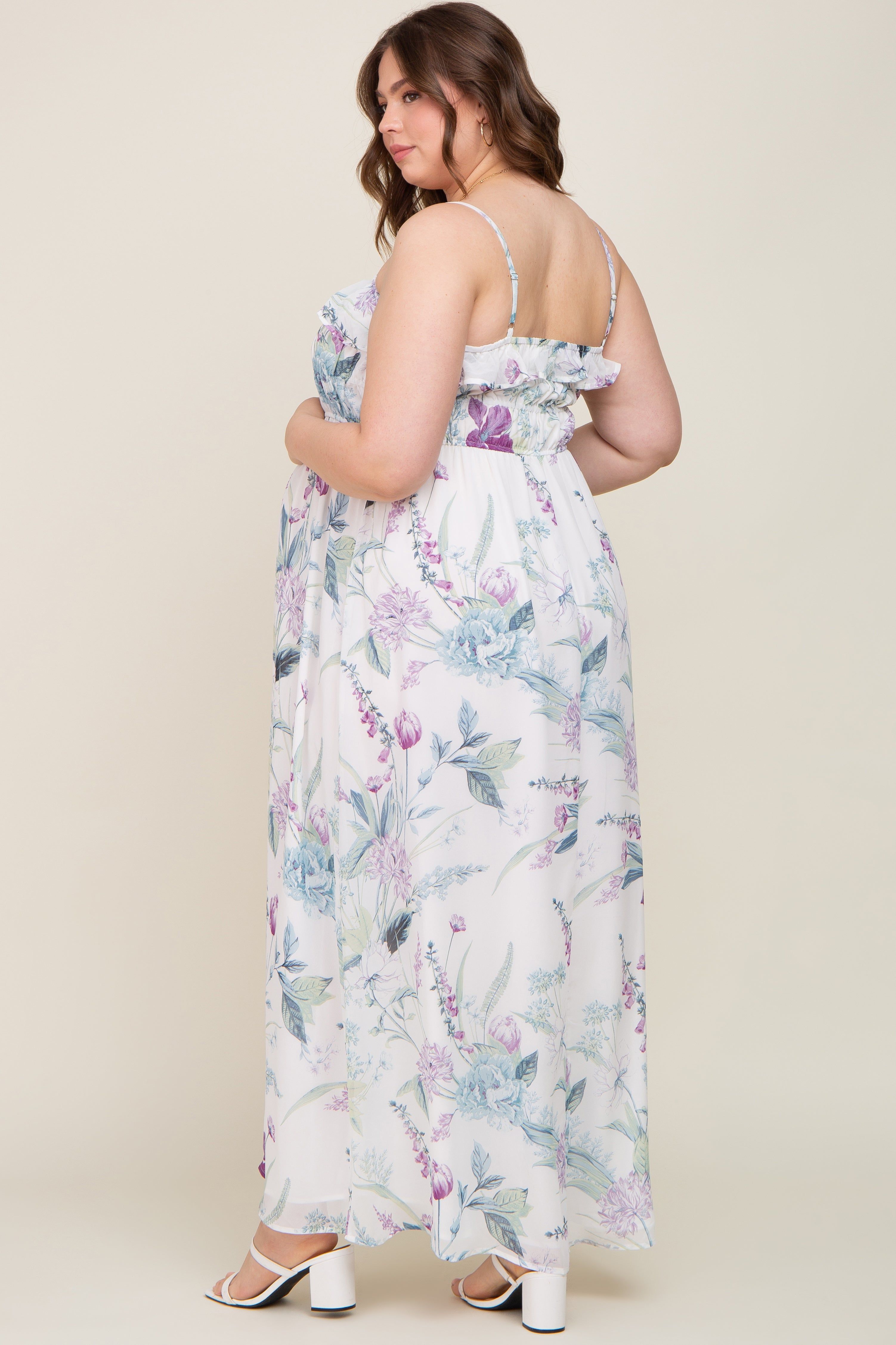 White Floral Sleeveless Ruffle Plus Maternity Maxi Dress sold by Pinkblush product image thumbnail 3