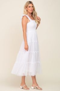 Ivory Smocked Mesh Ruffle Accent Midi Dress sold by Pinkblush