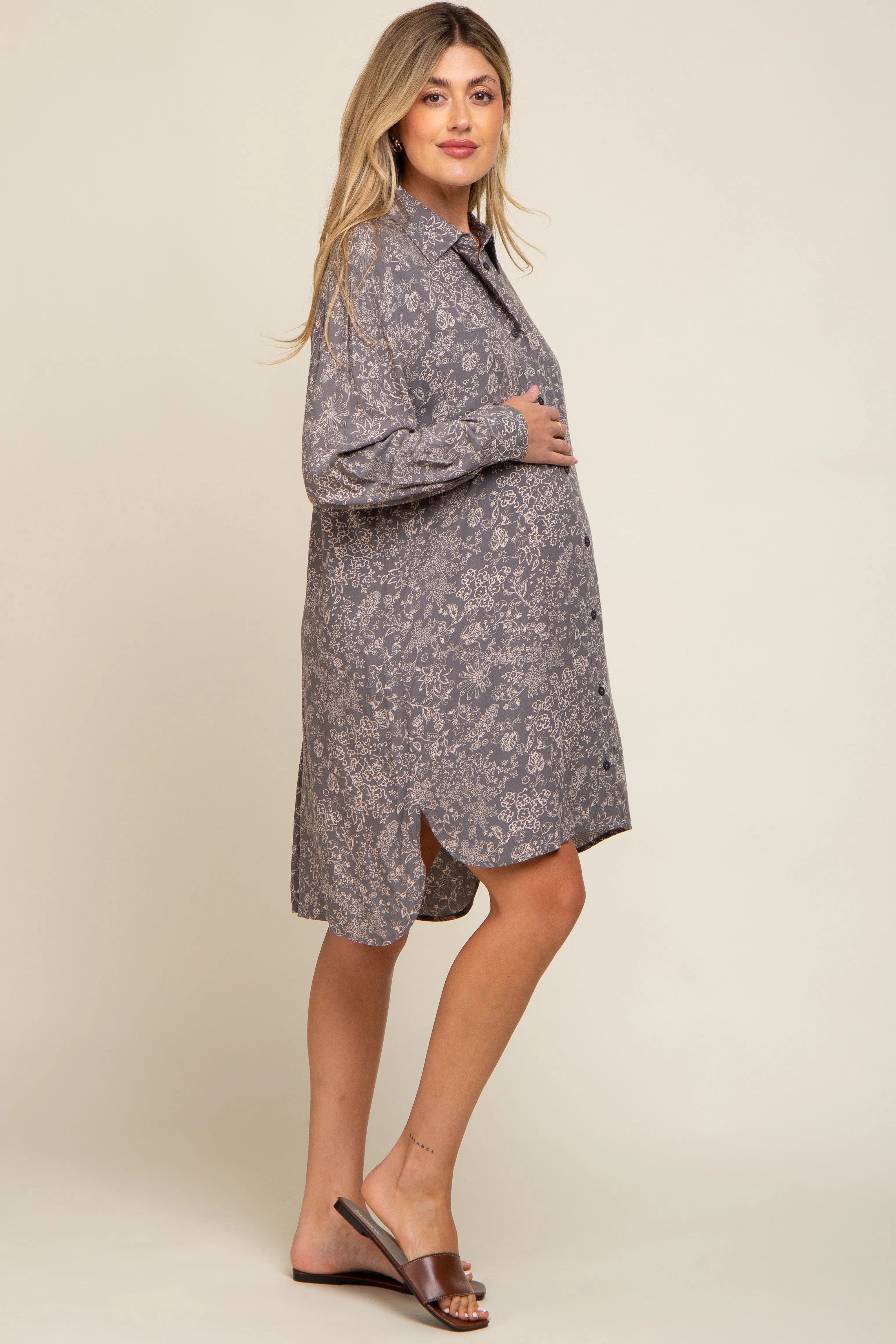 Grey Floral Button Up Long Sleeve Maternity Dress sold by Pinkblush product image thumbnail 2