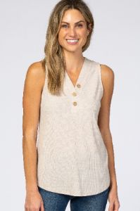 Beige Ribbed Button Accent Sleeveless Maternity Top sold by Pinkblush