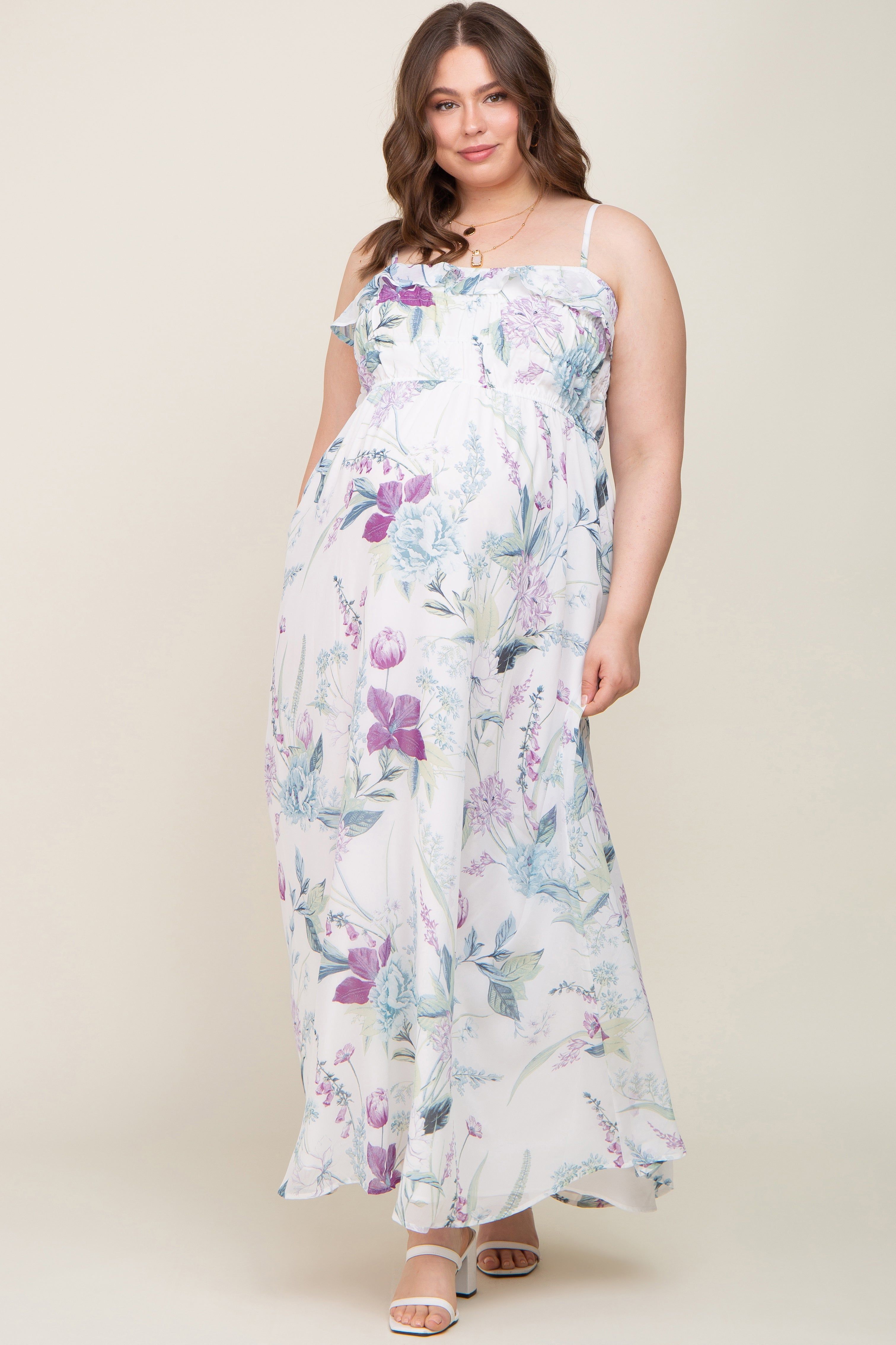 White Floral Sleeveless Ruffle Plus Maternity Maxi Dress sold by Pinkblush