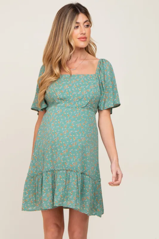 Green Floral Square Neck Smocked Open Back Maternity Dress sold by Pinkblush
