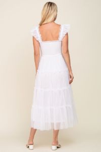 Ivory Smocked Mesh Ruffle Accent Midi Dress sold by Pinkblush
