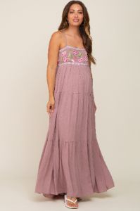 Mauve Floral Embroidery Maternity Maxi Dress sold by Pinkblush