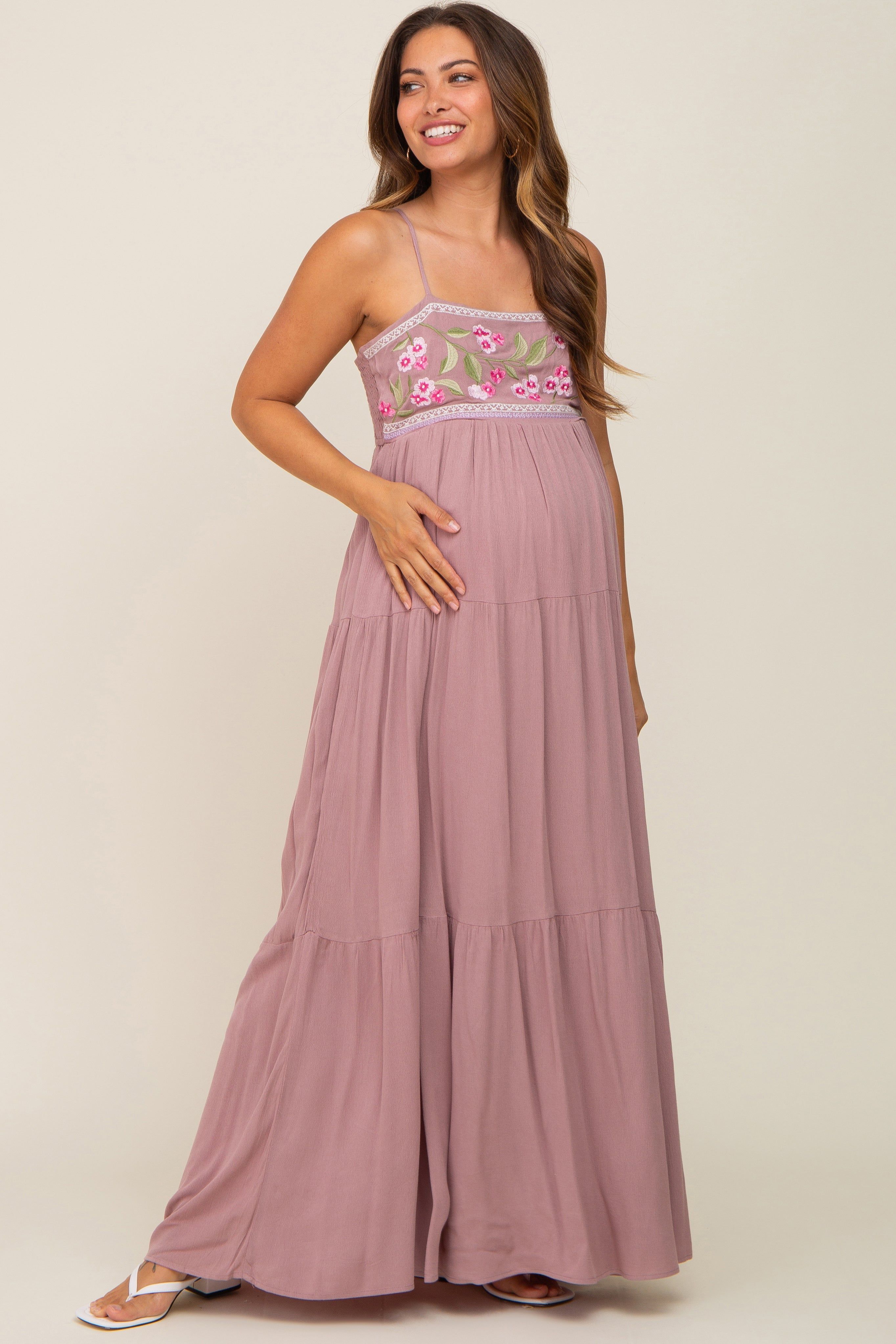 Mauve Floral Embroidery Maternity Maxi Dress sold by Pinkblush