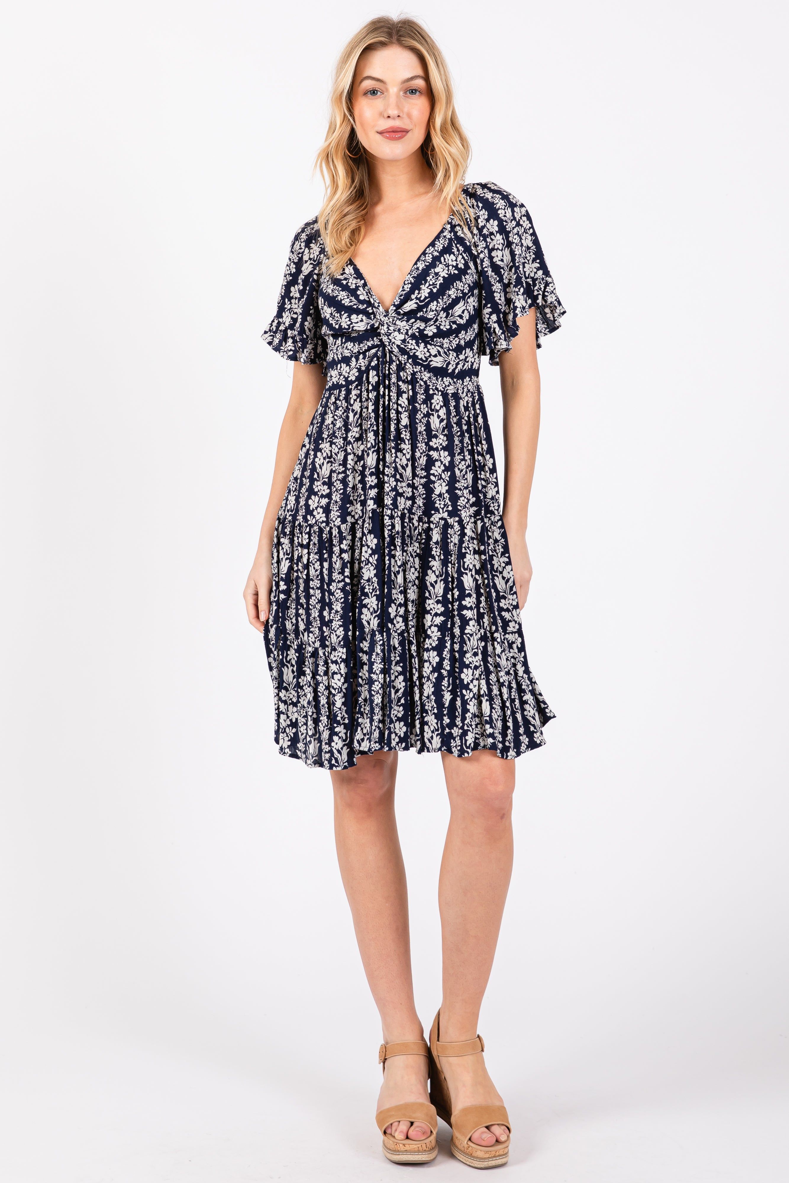 Navy Blue Floral Front Knot Twist Dress sold by Pinkblush product image thumbnail 4