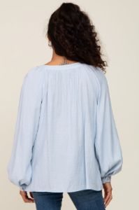 Light Blue Button Front Long Puff Sleeve Top sold by Pinkblush