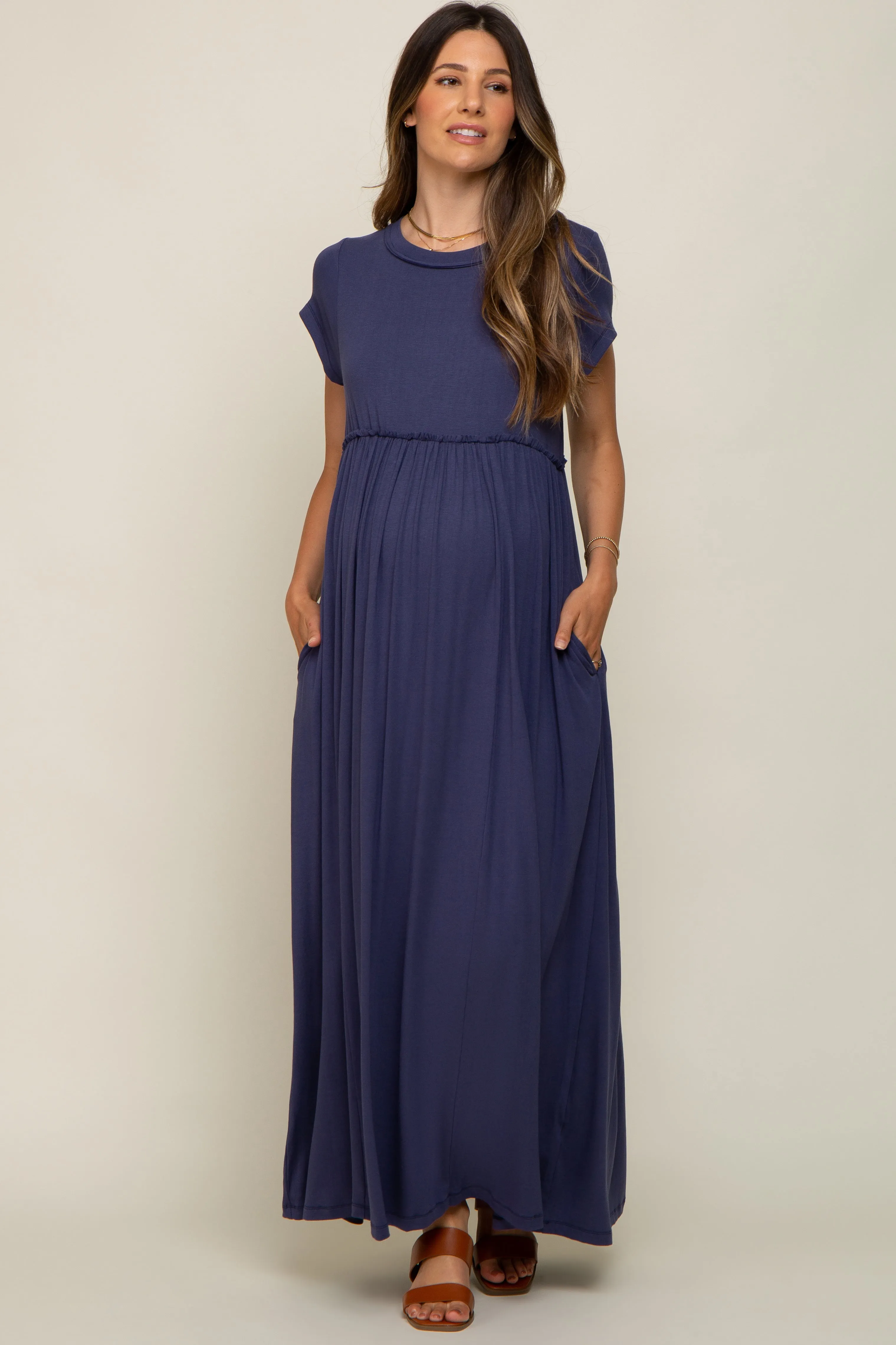 Navy Short Sleeve Pocketed Maternity Maxi Dress sold by Pinkblush product image thumbnail 4