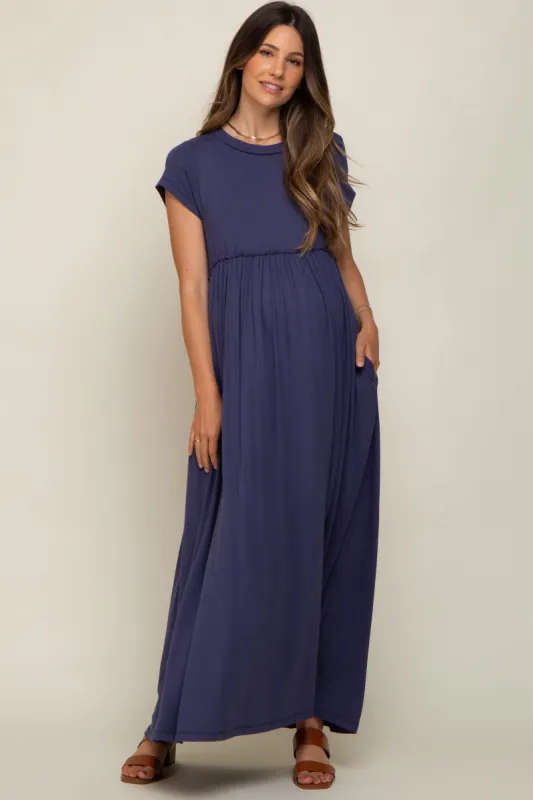Navy Short Sleeve Pocketed Maternity Maxi Dress sold by Pinkblush