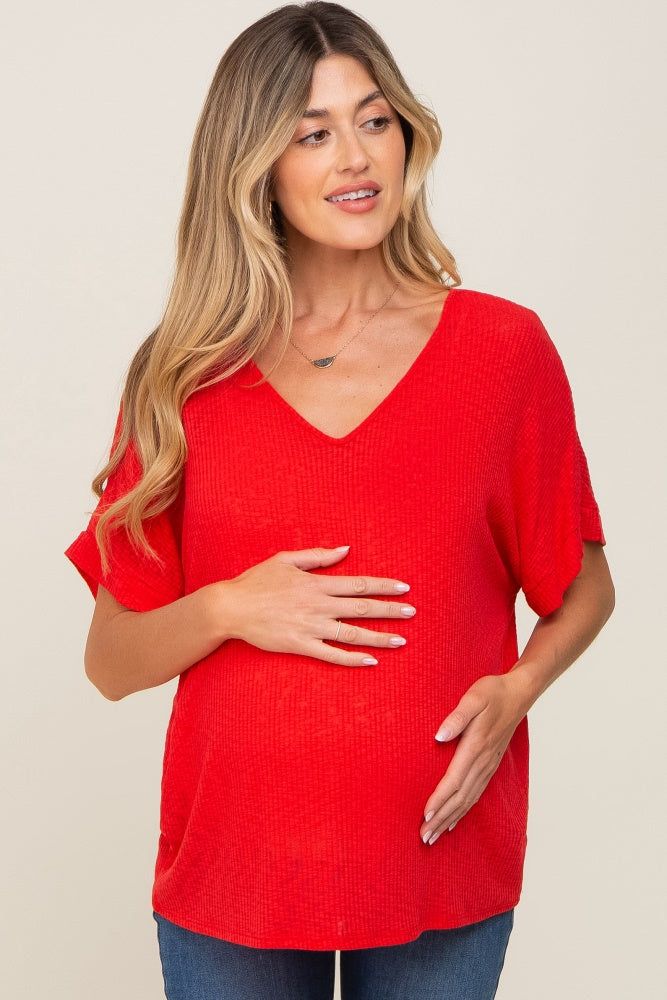 Red Rib Knit V-Neck Maternity Top sold by Pinkblush
