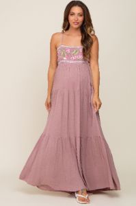 Mauve Floral Embroidery Maternity Maxi Dress sold by Pinkblush