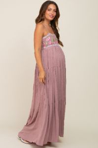 Mauve Floral Embroidery Maternity Maxi Dress sold by Pinkblush