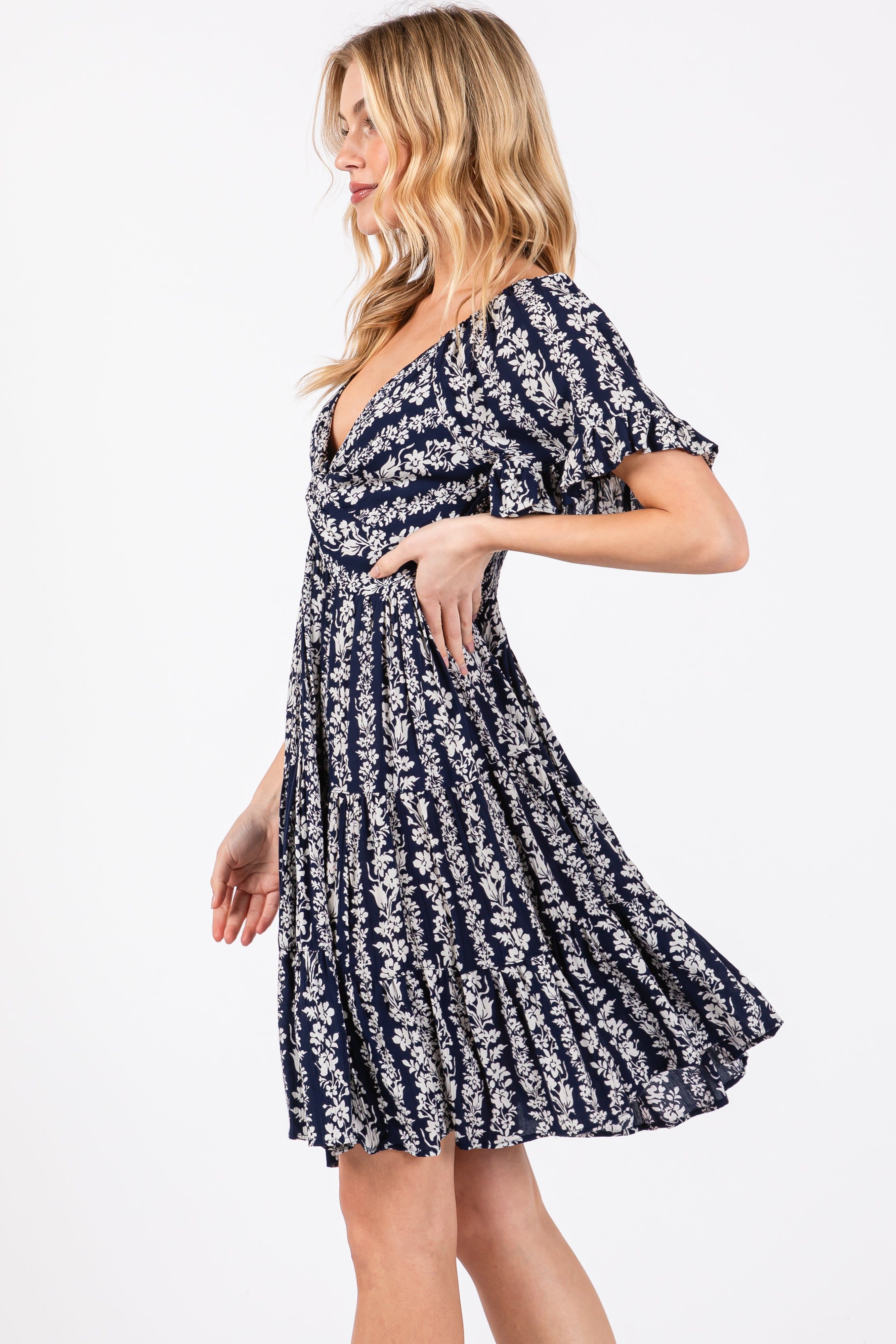 Navy Blue Floral Front Knot Twist Dress sold by Pinkblush product image thumbnail 2