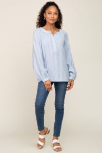 Light Blue Button Front Long Puff Sleeve Top sold by Pinkblush