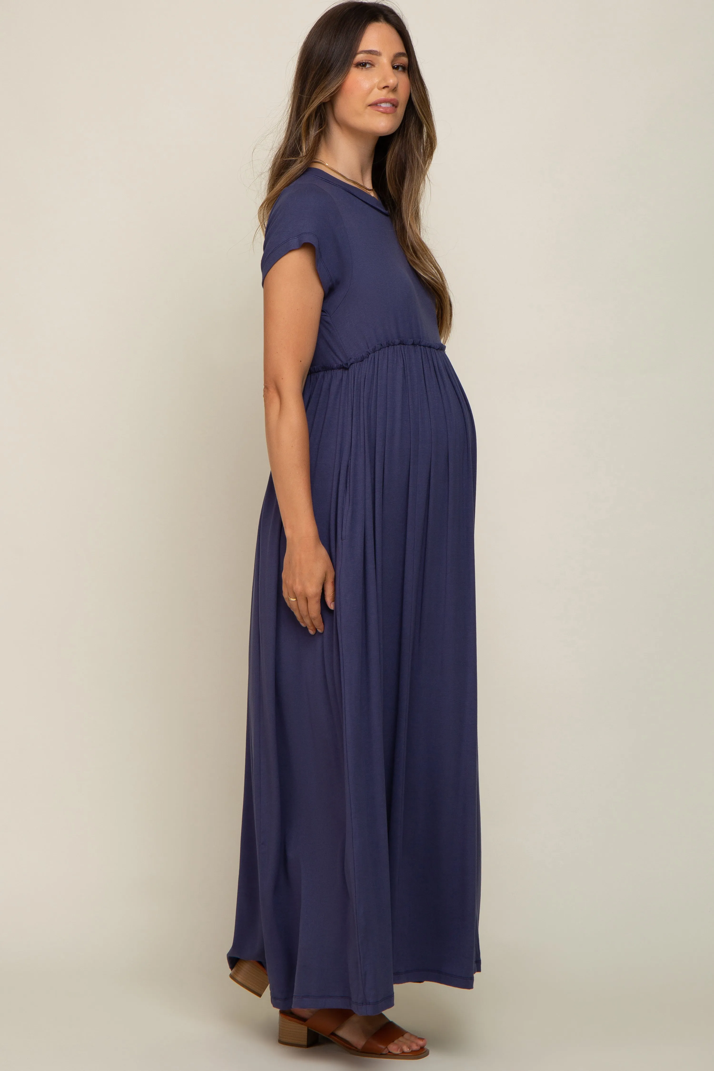Navy Short Sleeve Pocketed Maternity Maxi Dress sold by Pinkblush product image thumbnail 2