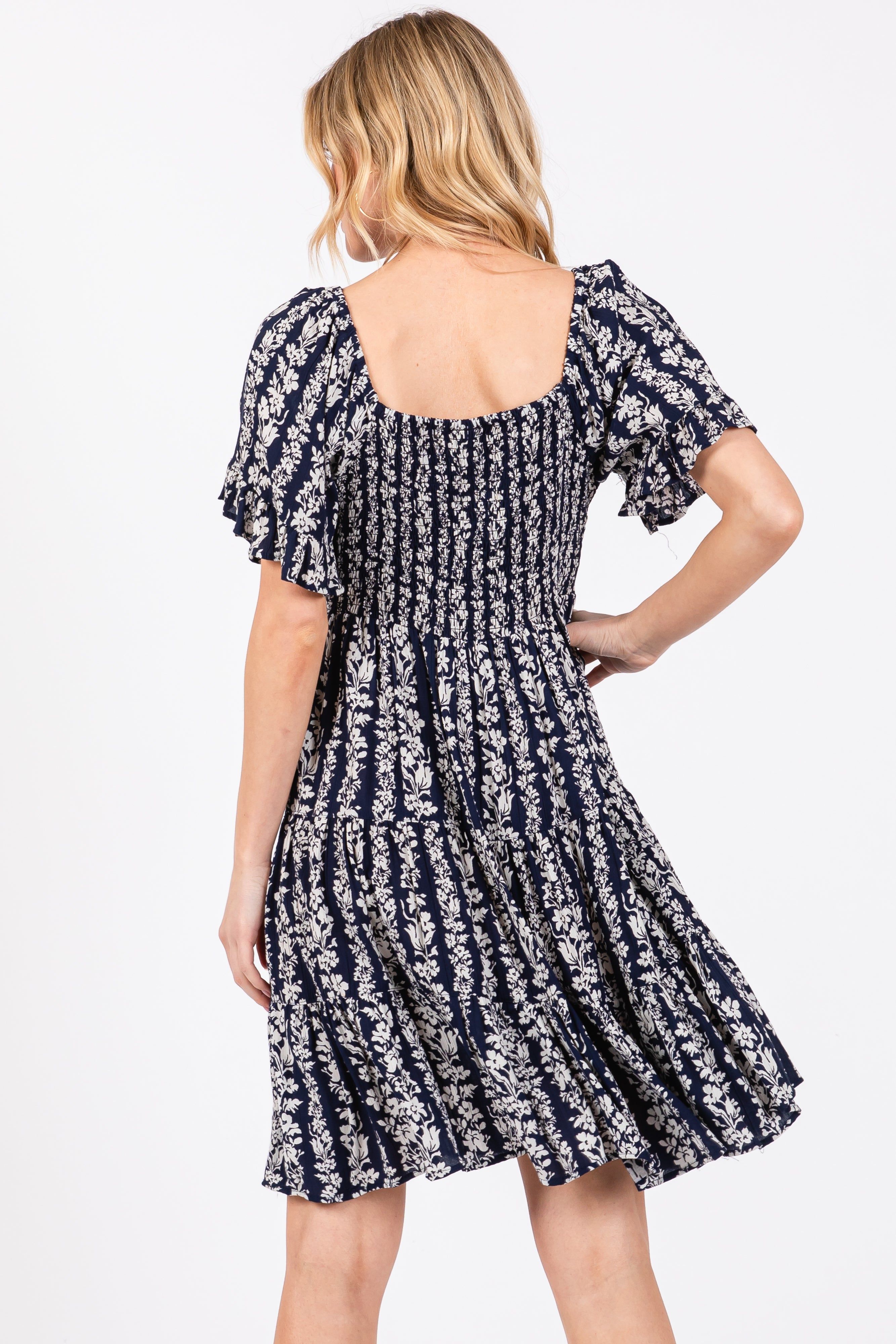 Navy Blue Floral Front Knot Twist Dress sold by Pinkblush product image thumbnail 3