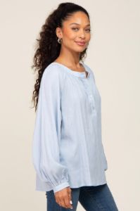 Light Blue Button Front Long Puff Sleeve Top sold by Pinkblush