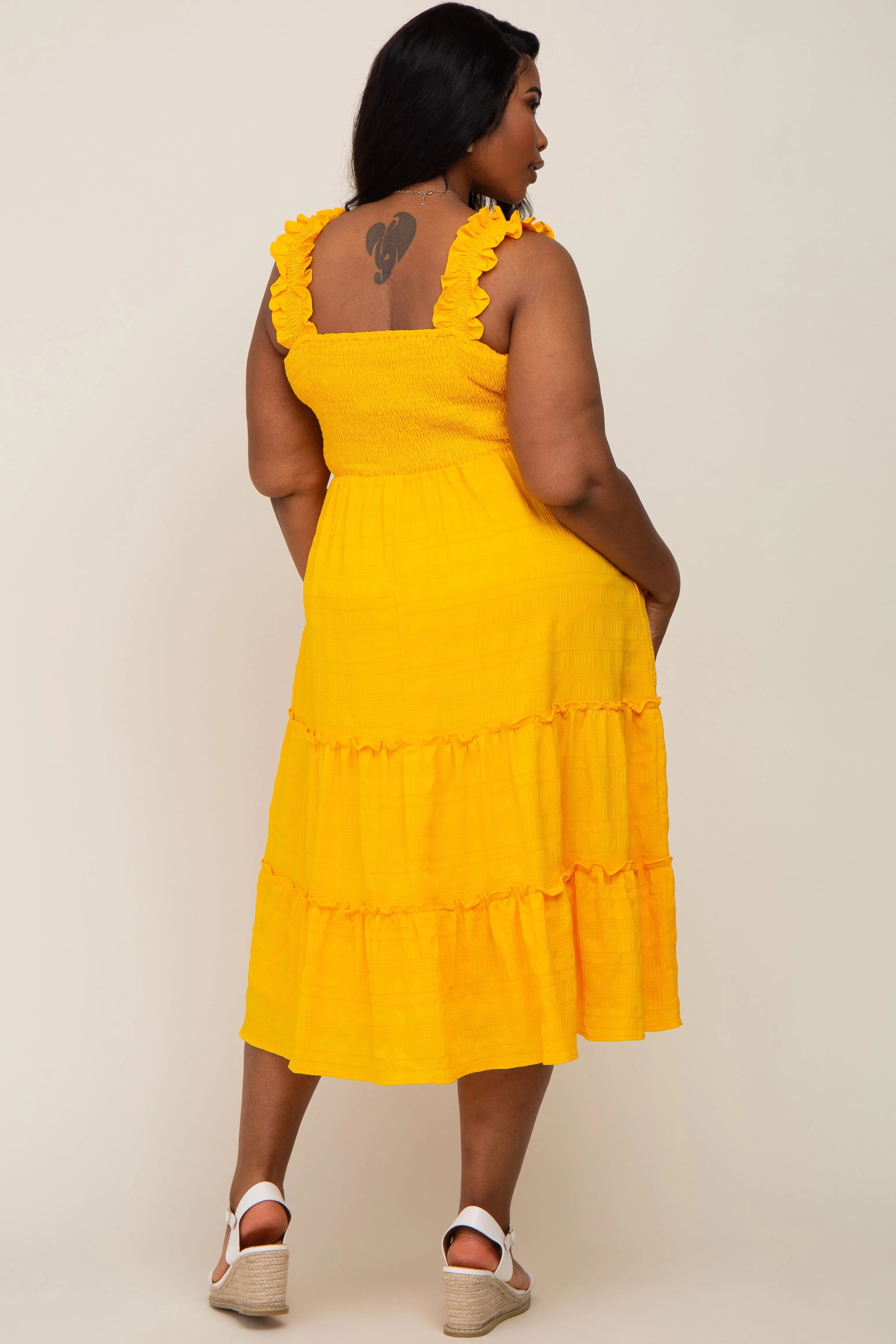 Yellow Smocked Square Neck Ruffle Strap Tiered Plus Midi Dress sold by Pinkblush product image thumbnail 3