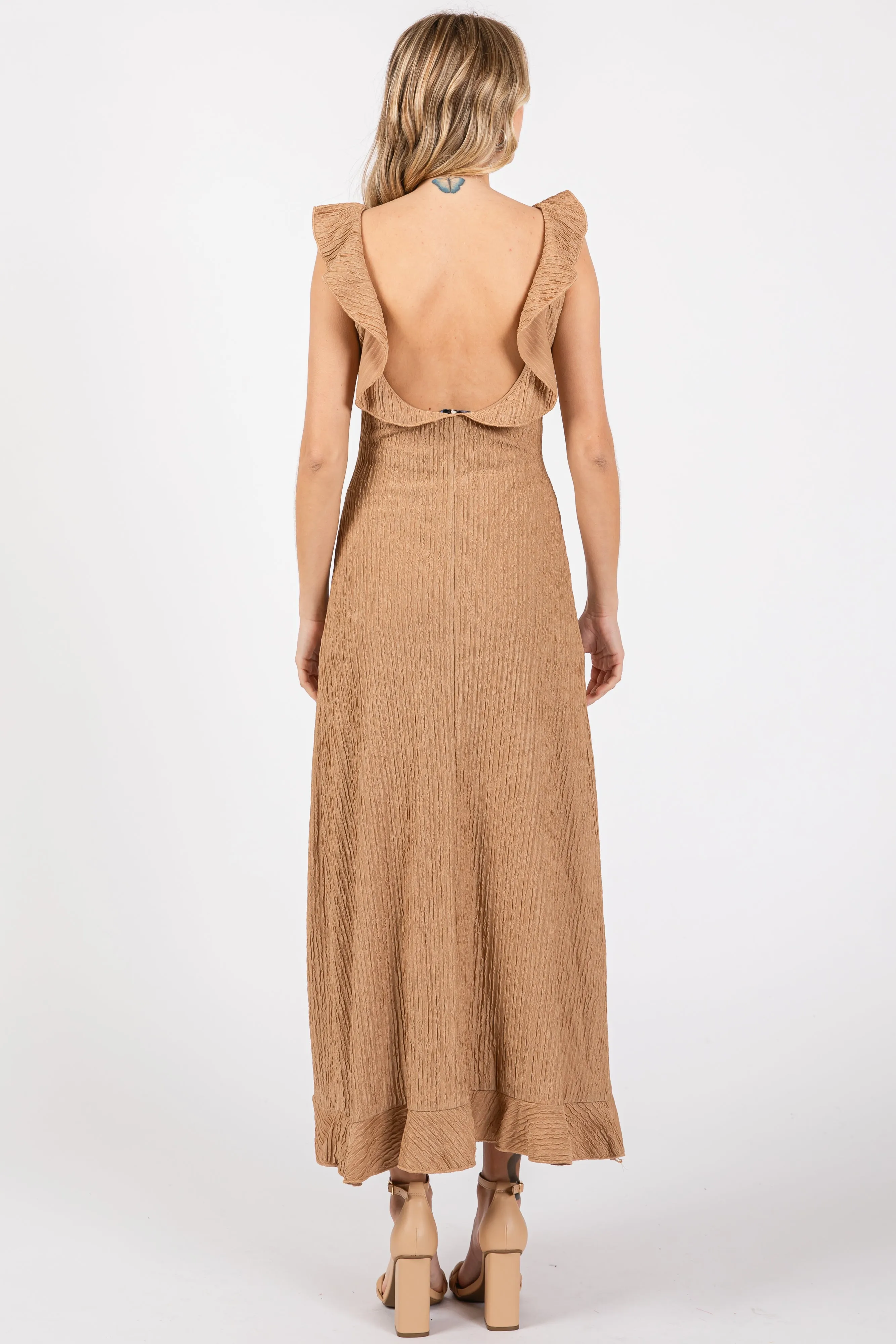 Mocha Textured Sleeveless Ruffle Slit Maxi Dress sold by Pinkblush product image thumbnail 3