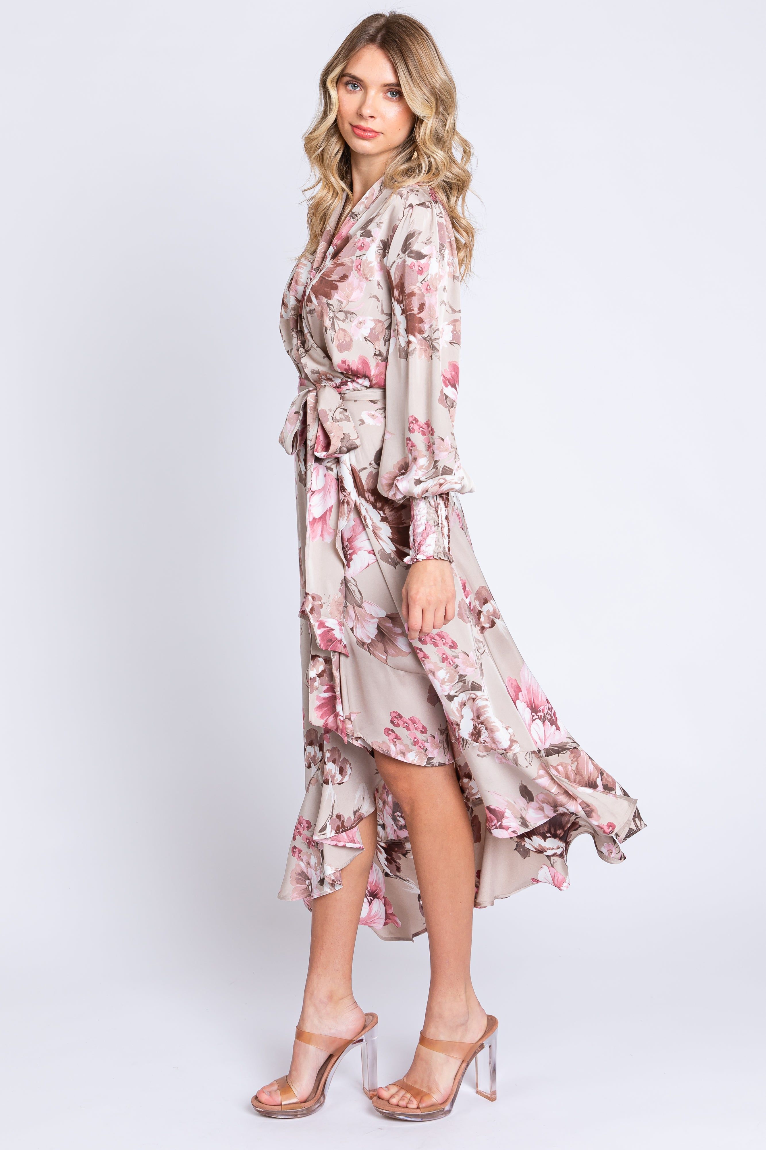 Taupe Satin Asymmetrical Flounce Trim Midi Dress sold by Pinkblush product image thumbnail 2