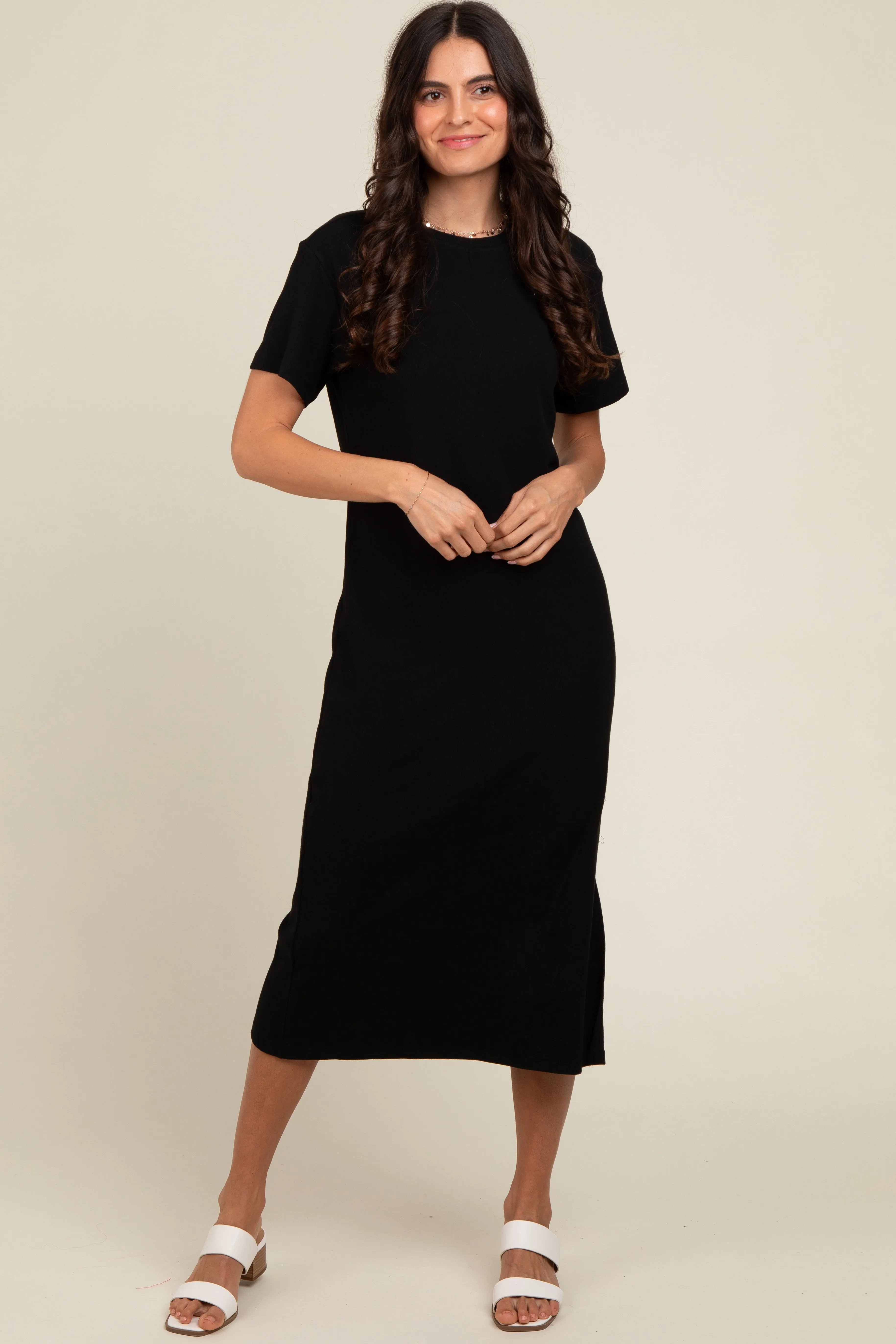 Black Short Sleeve Side Slit T-Shirt Midi Dress sold by Pinkblush product image thumbnail 2