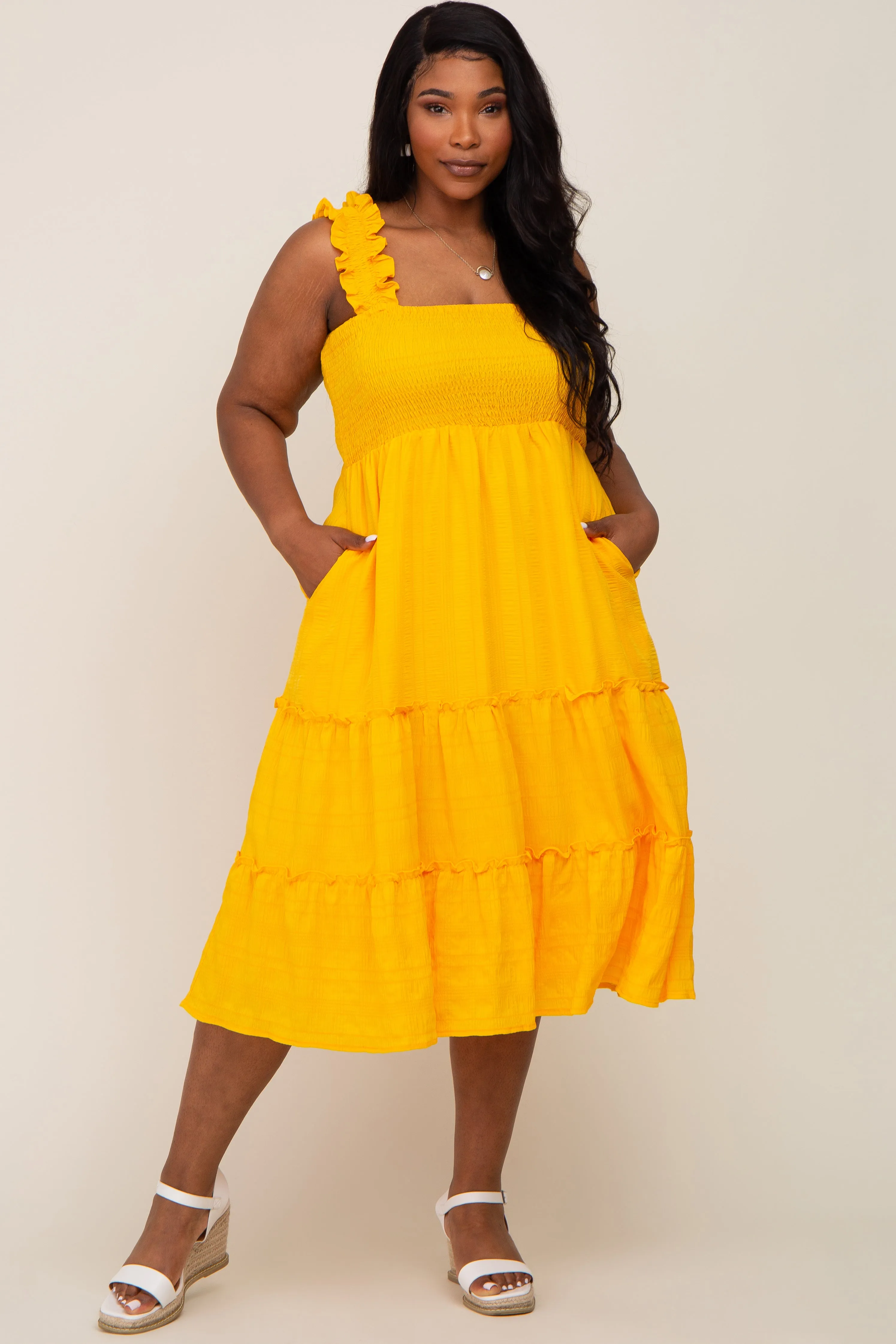 Yellow Smocked Square Neck Ruffle Strap Tiered Plus Midi Dress sold by Pinkblush product image thumbnail 4