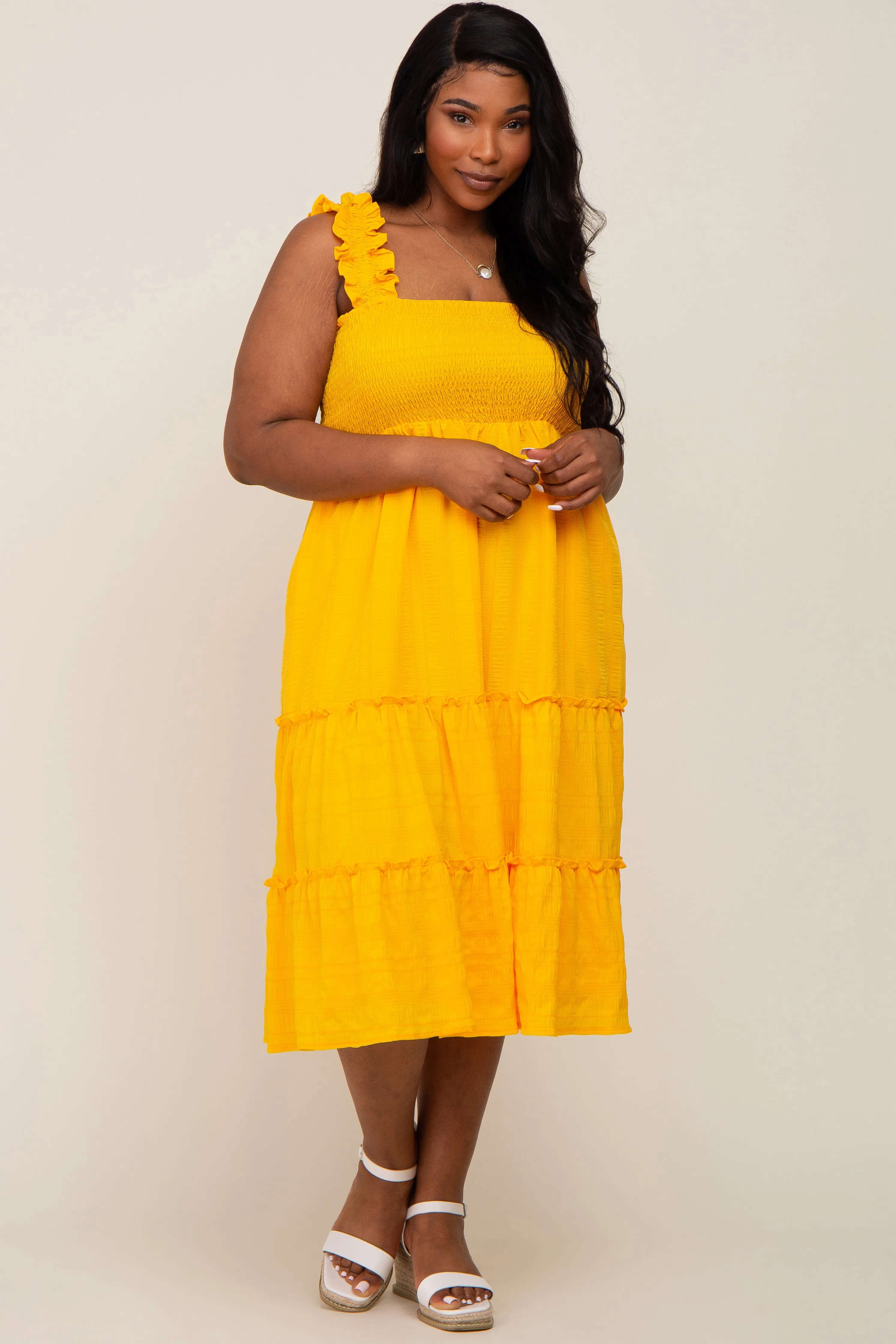 Yellow Smocked Square Neck Ruffle Strap Tiered Plus Midi Dress sold by Pinkblush