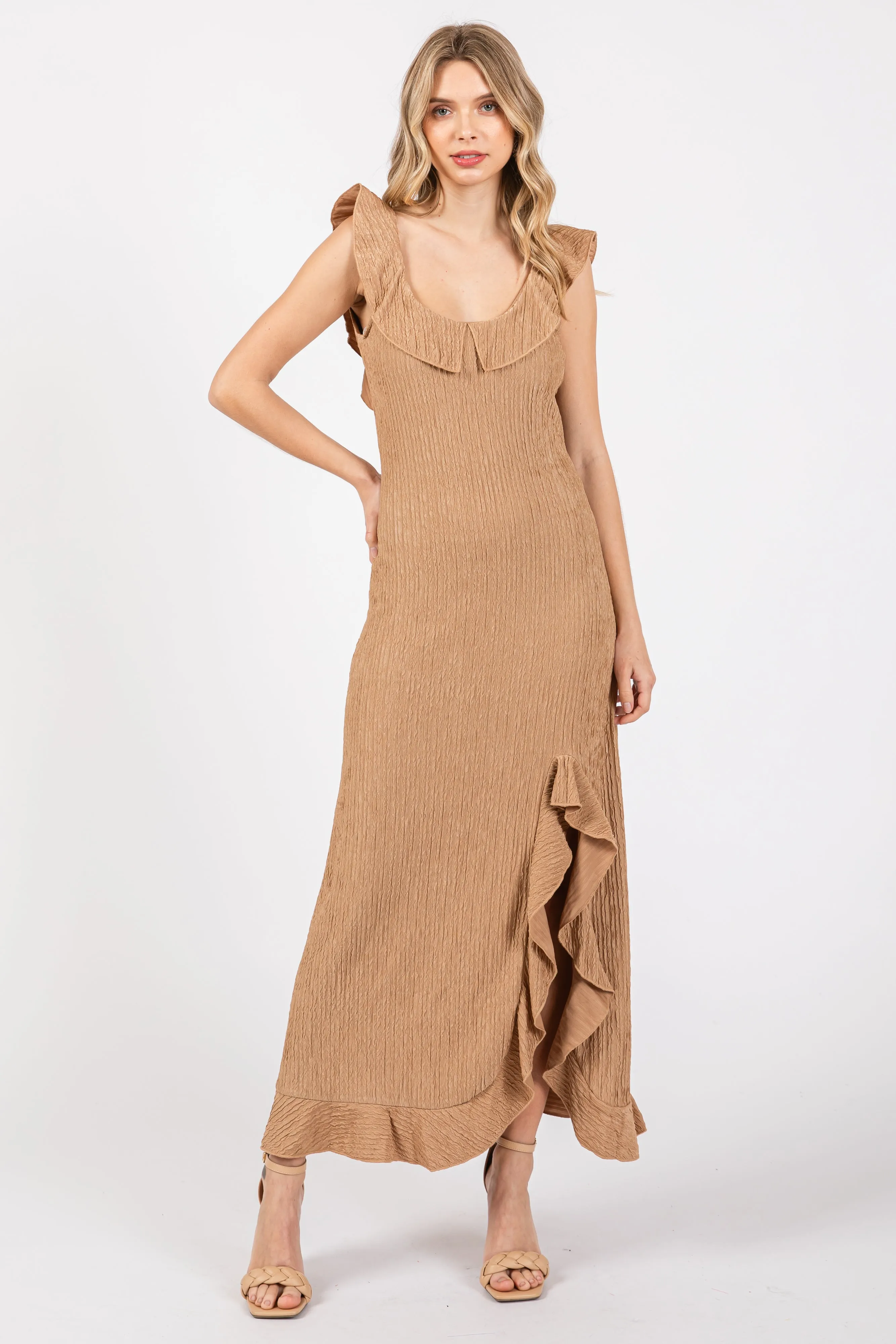 Mocha Textured Sleeveless Ruffle Slit Maxi Dress sold by Pinkblush