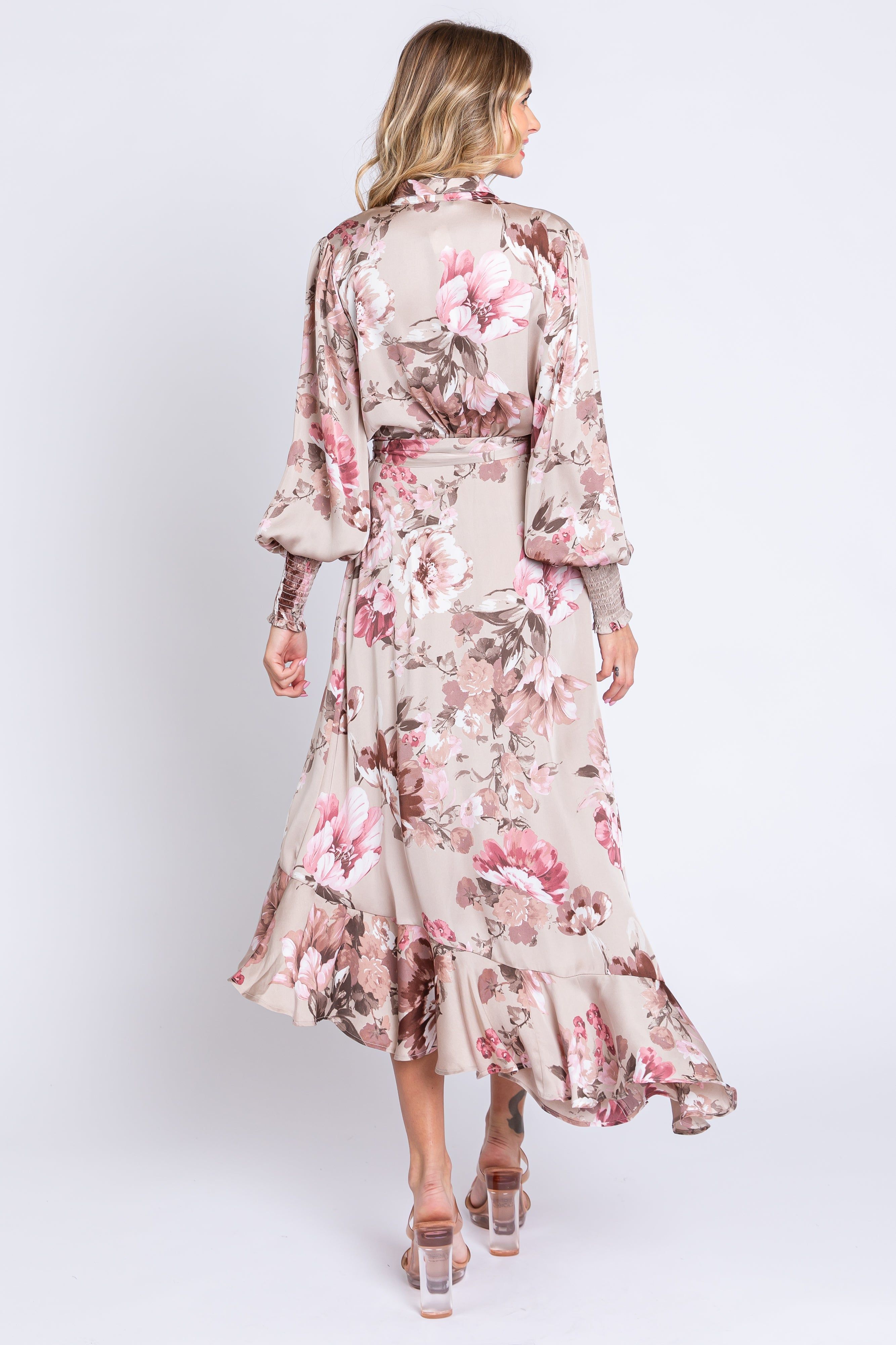 Taupe Satin Asymmetrical Flounce Trim Midi Dress sold by Pinkblush product image thumbnail 3