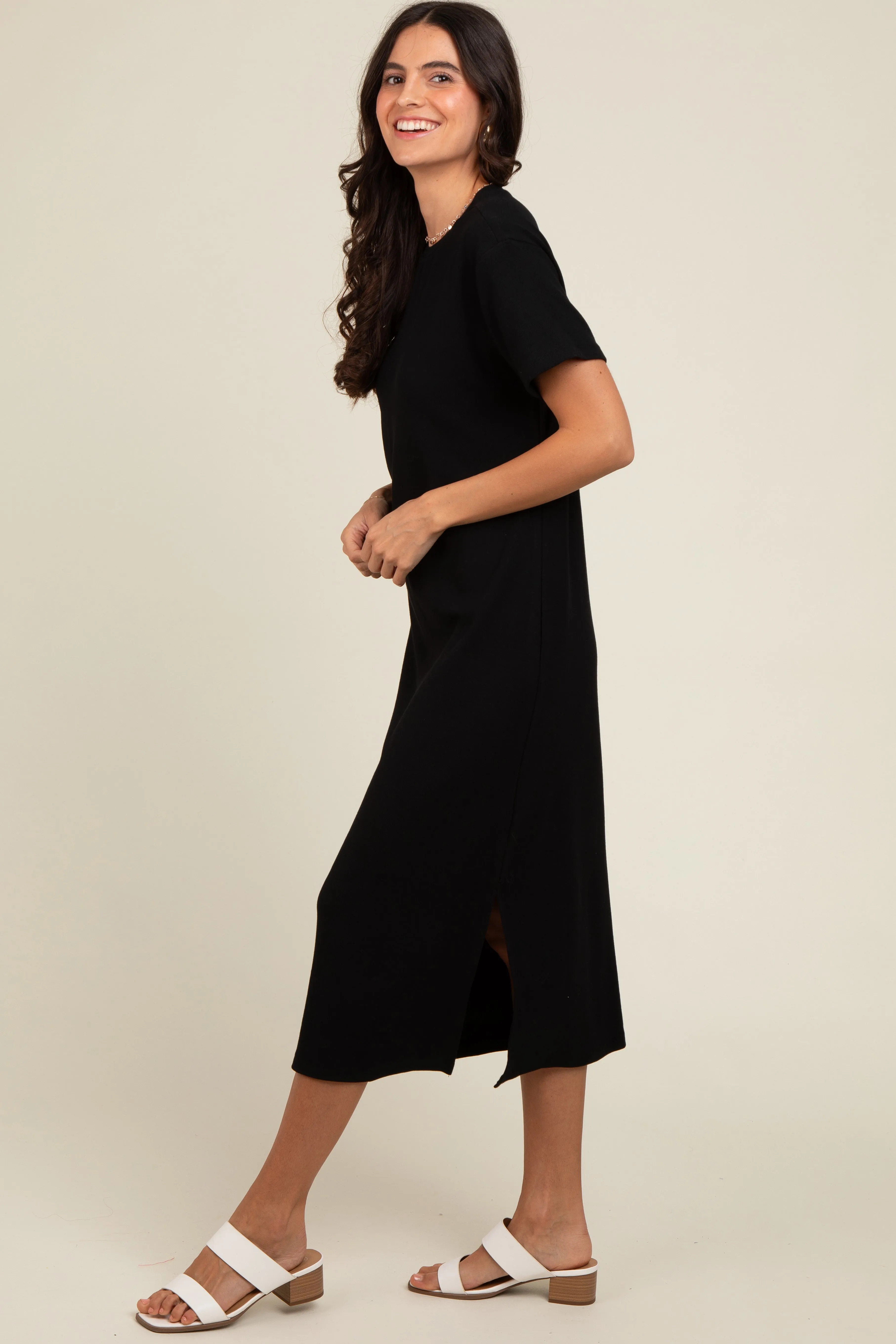 Black Short Sleeve Side Slit T-Shirt Midi Dress sold by Pinkblush product image thumbnail 3