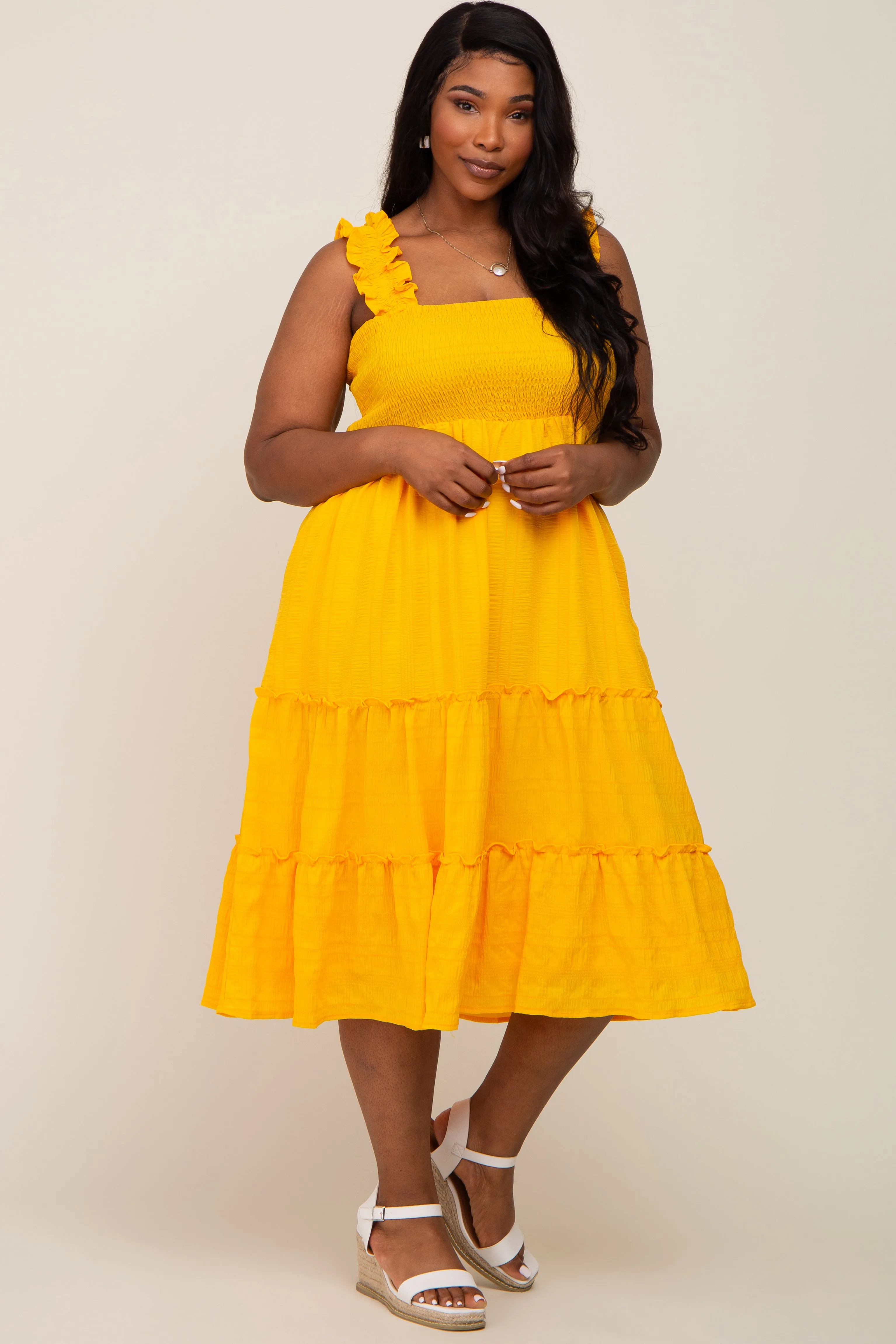 Yellow Smocked Square Neck Ruffle Strap Tiered Plus Midi Dress sold by Pinkblush product image thumbnail 5