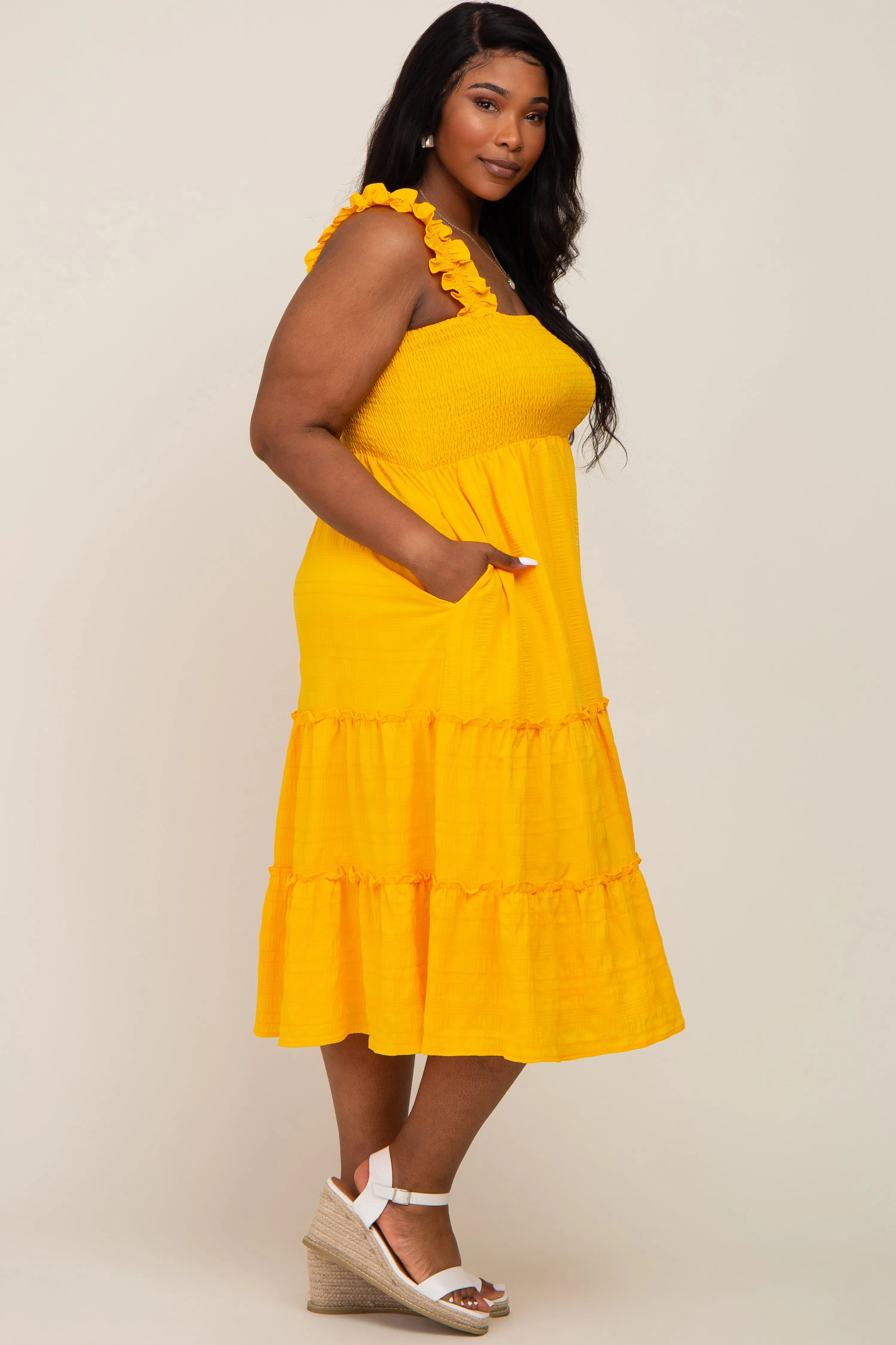 Yellow Smocked Square Neck Ruffle Strap Tiered Plus Midi Dress sold by Pinkblush product image thumbnail 2