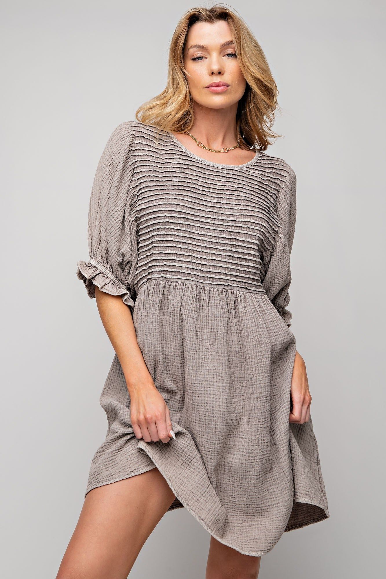 Ash Pintuck Mineral Washed Cotton Gauze Mini Dress sold by Pinkblush
