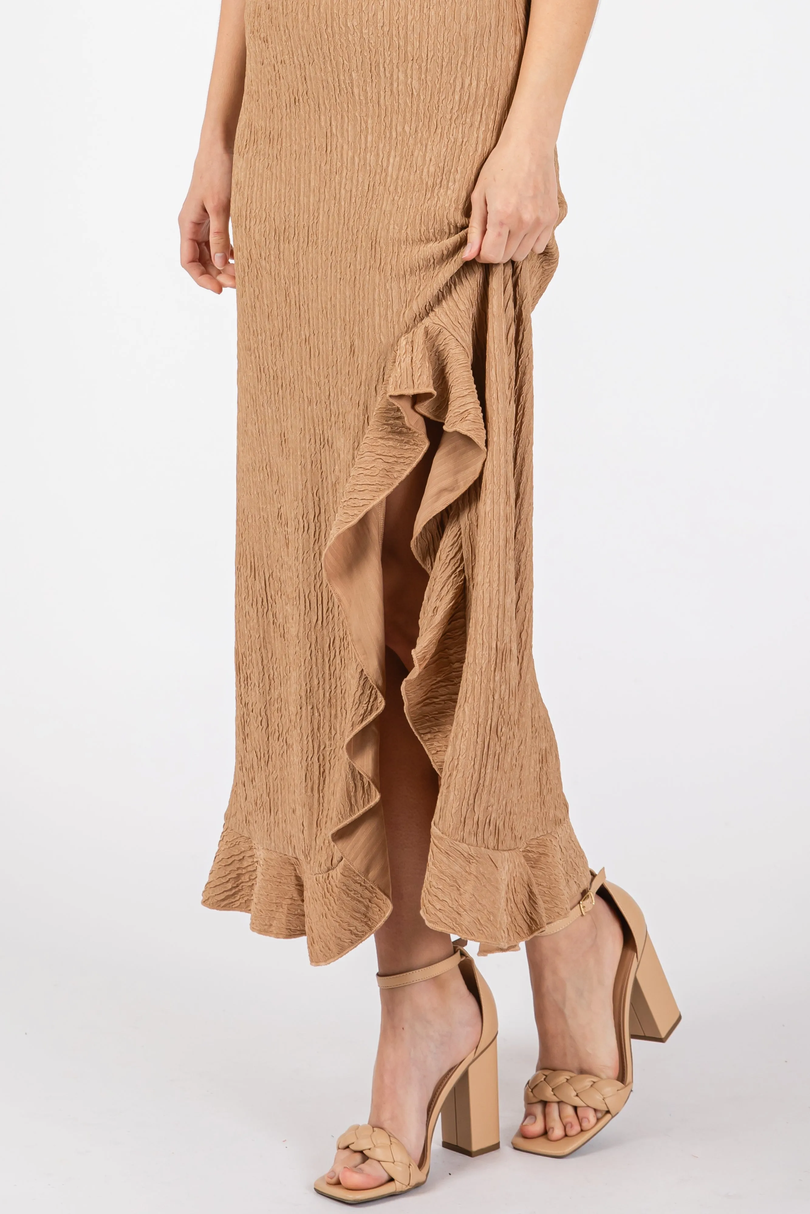 Mocha Textured Sleeveless Ruffle Slit Maxi Dress sold by Pinkblush product image thumbnail 5