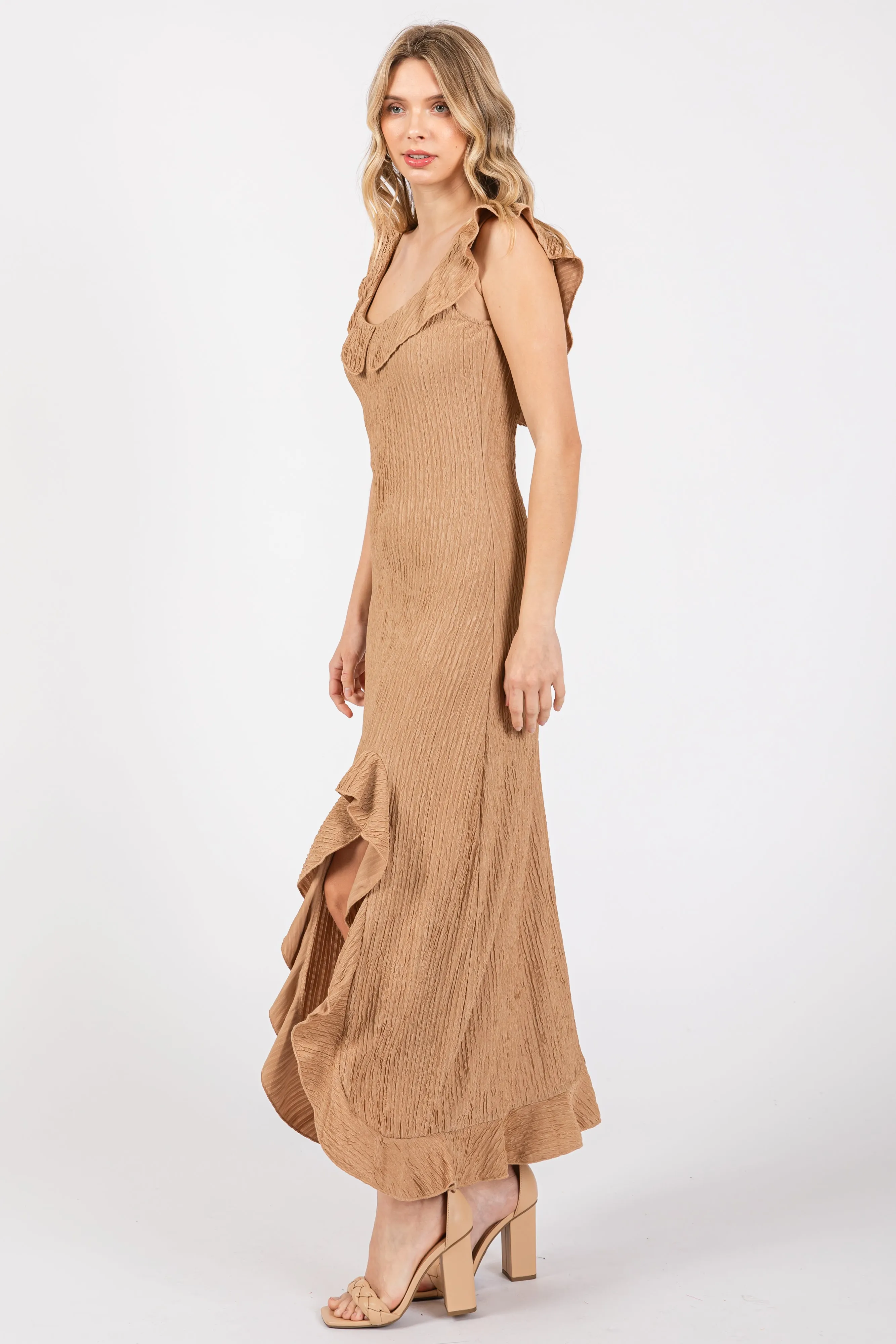 Mocha Textured Sleeveless Ruffle Slit Maxi Dress sold by Pinkblush product image thumbnail 2