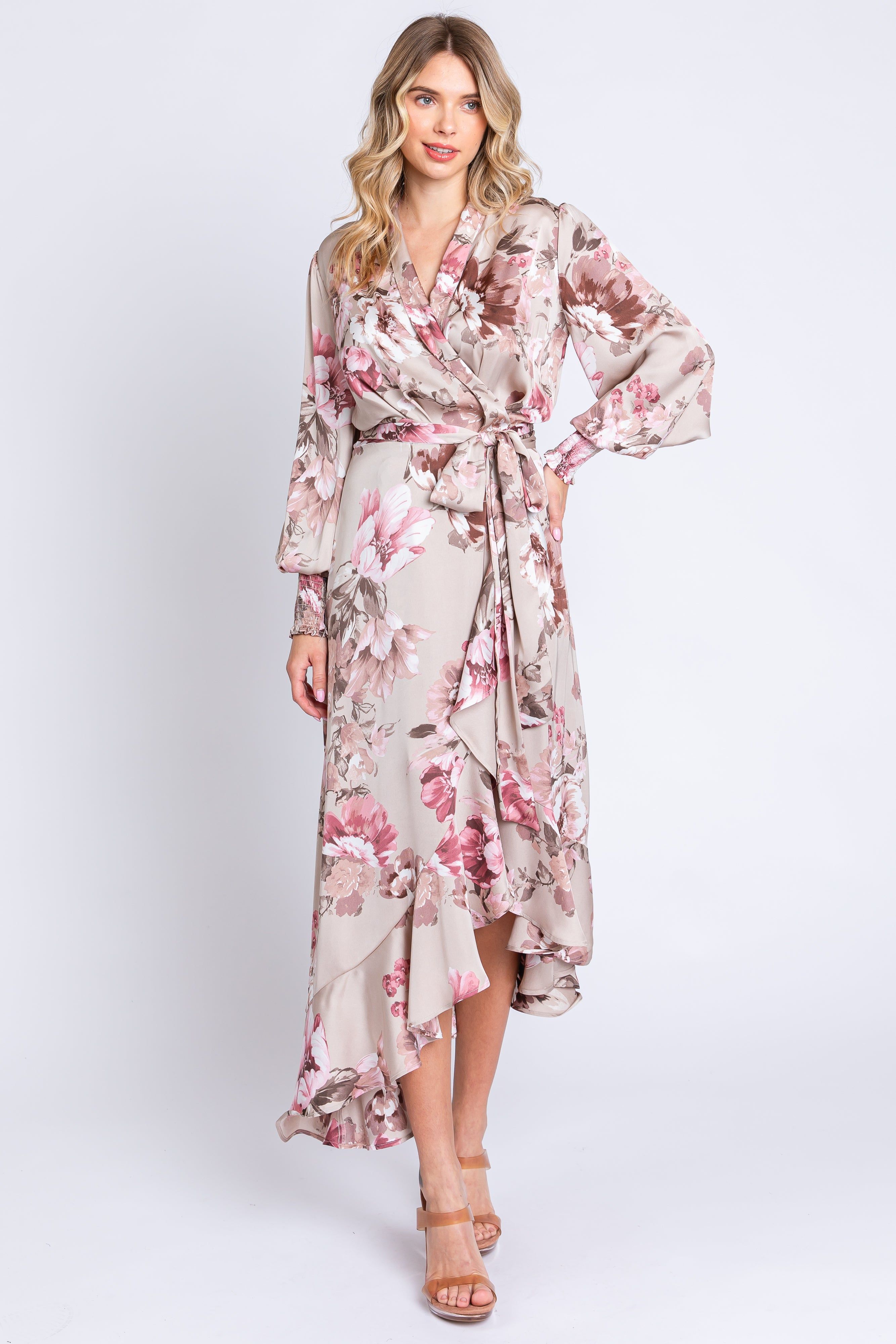 Taupe Satin Asymmetrical Flounce Trim Midi Dress sold by Pinkblush