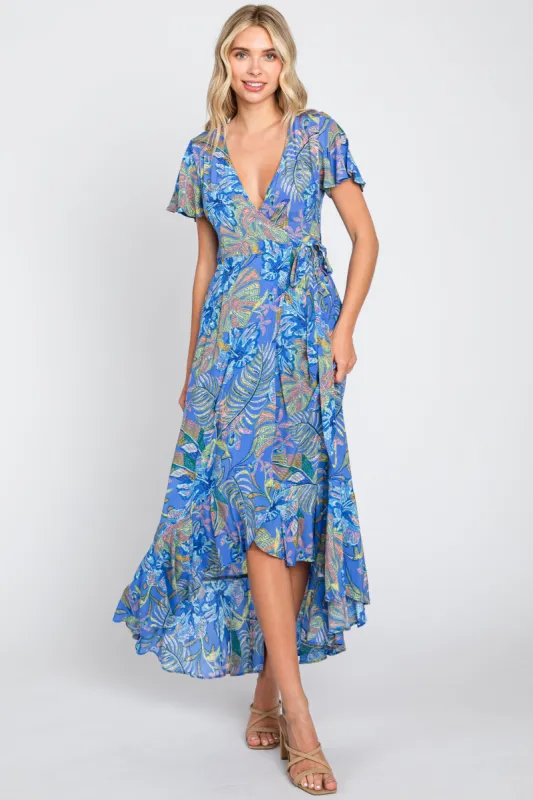 Blue Leaf Print Wrap Maxi Dress sold by Pinkblush