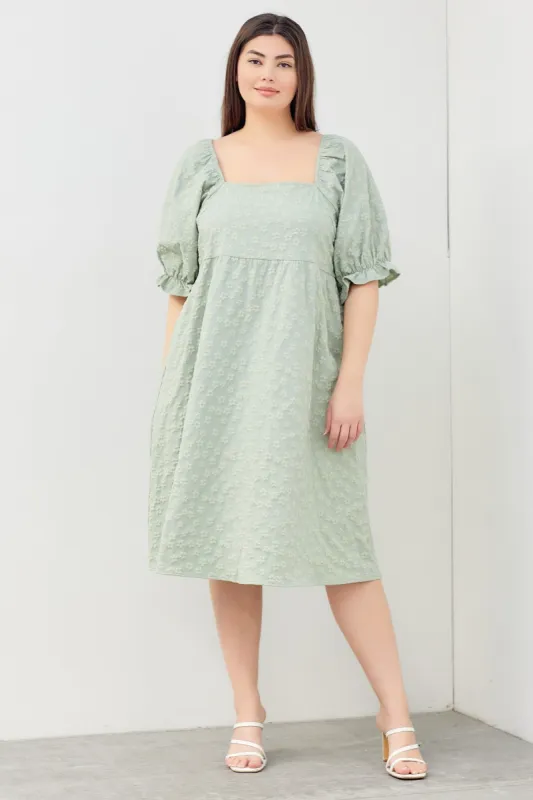 Light Olive Floral Textured Square Neck Babydoll Plus Dress sold by Pinkblush