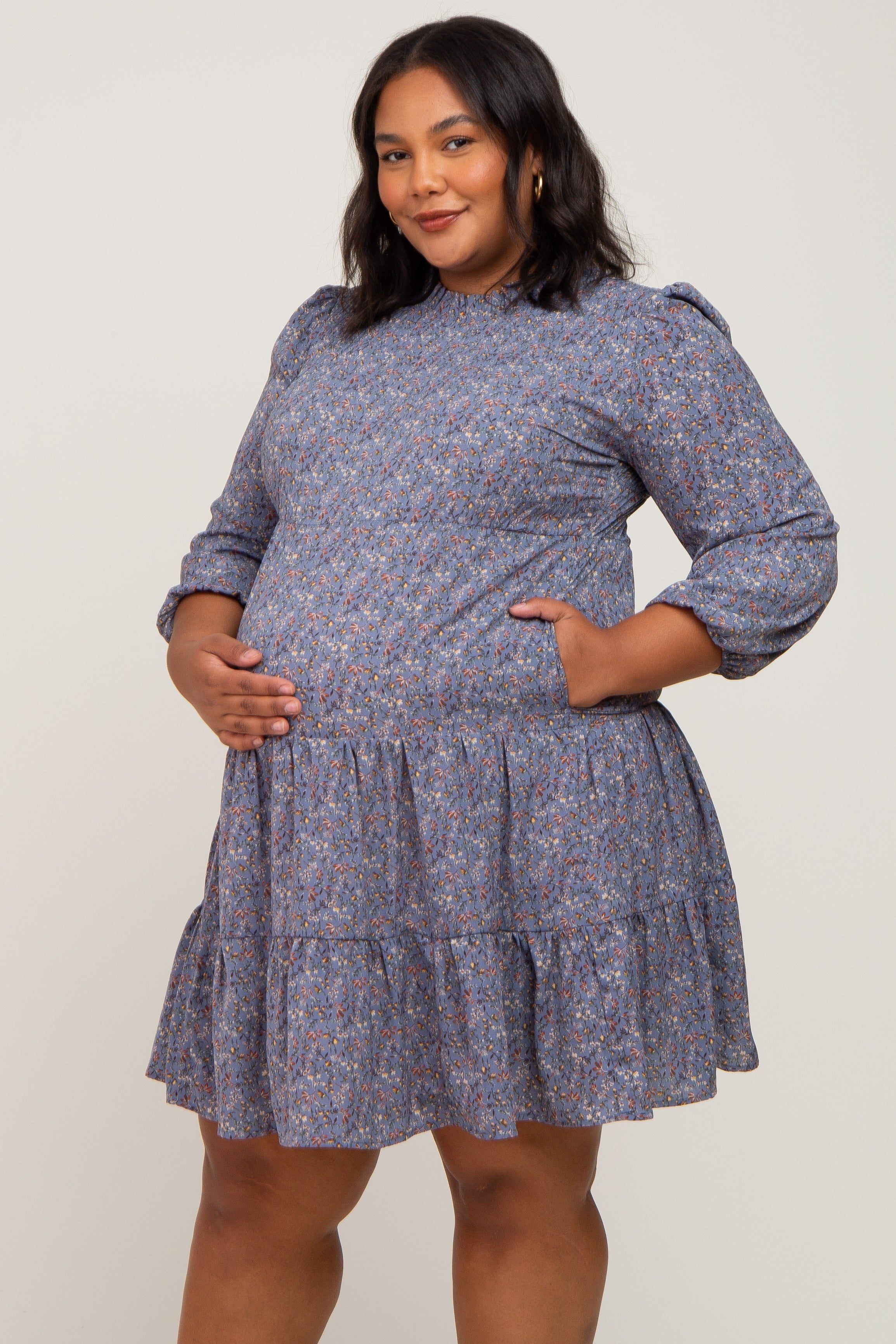 Blue Floral Shirred Mock Neck Maternity Plus Dress sold by Pinkblush