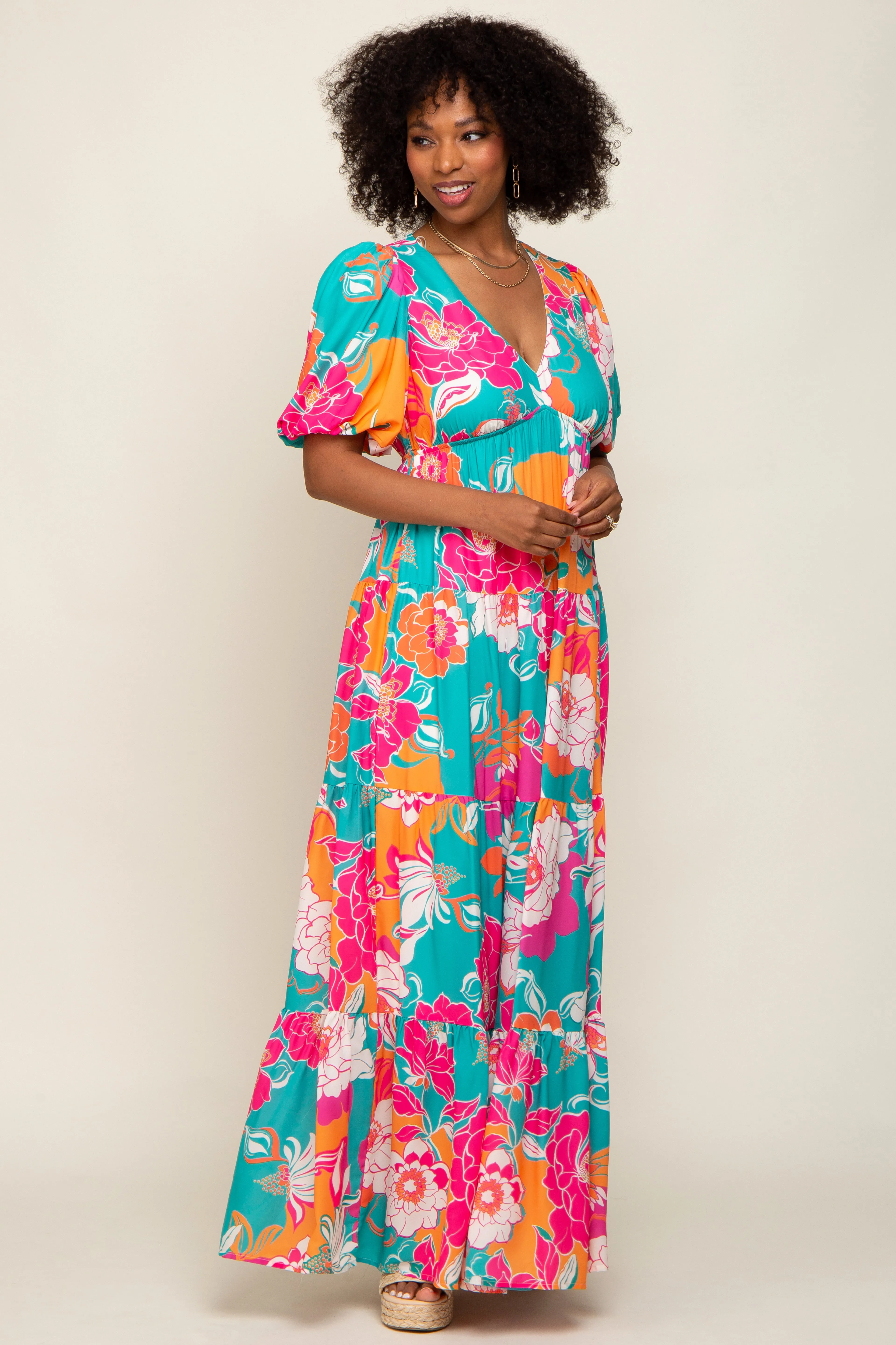 Teal Floral Puff Sleeve Tiered Maxi Dress sold by Pinkblush product image thumbnail 3